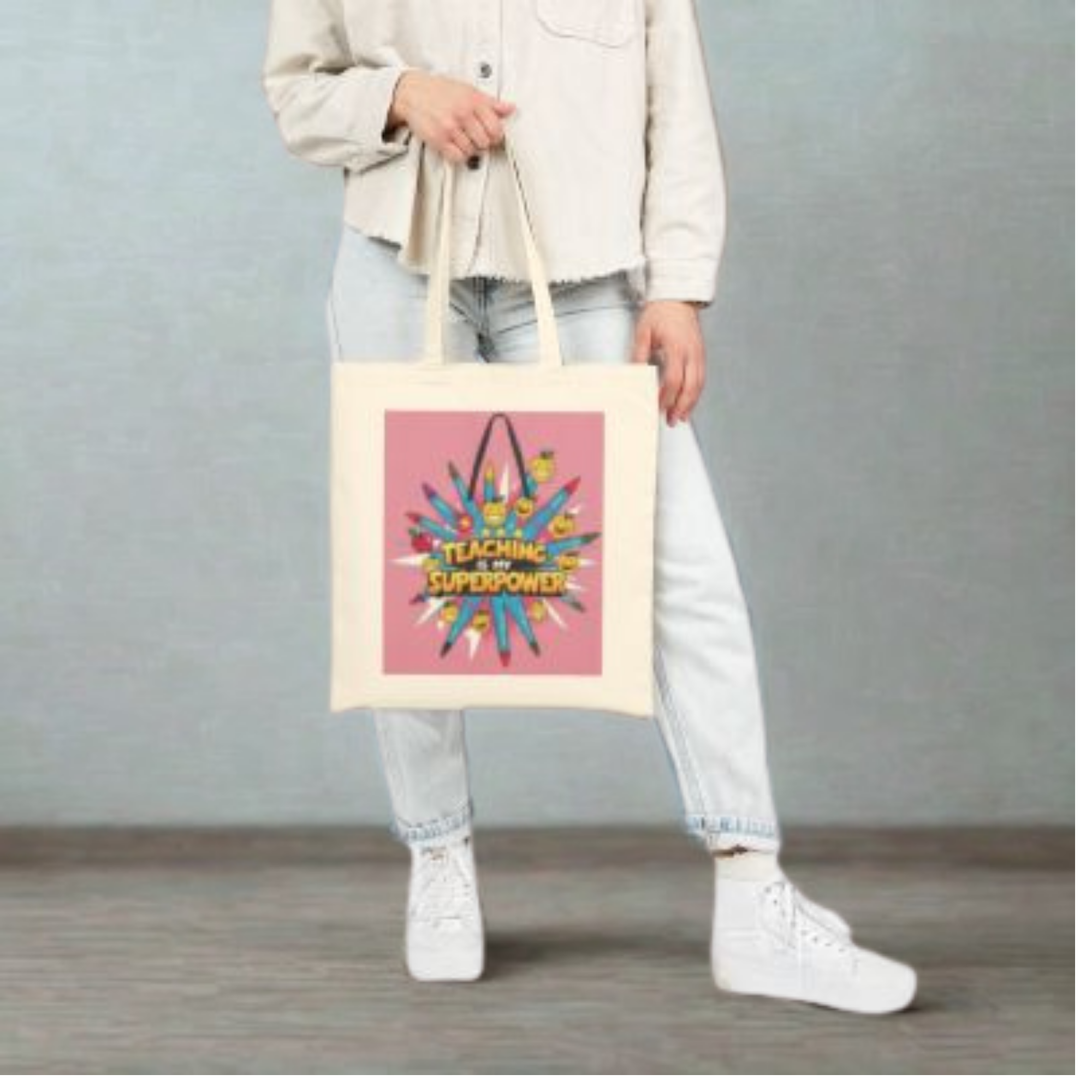 Teaching Is My Superpower Tote Bag Funny Teacher Appreciation Gift for Back to School | Elementary School Canvas Bag | Natural or Black Color product thumbnail image