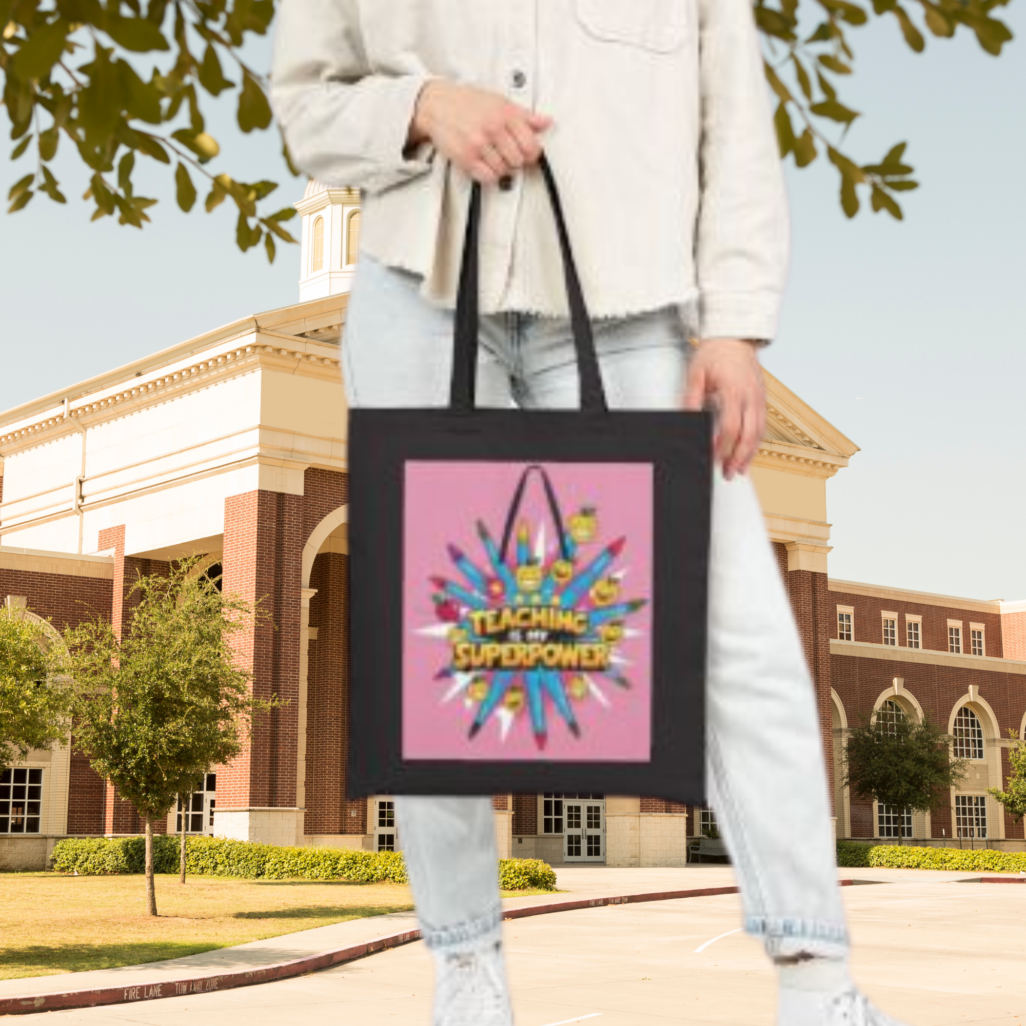 Teaching Is My Superpower Tote Bag Funny Teacher Appreciation Gift for Back to School | Elementary School Canvas Bag | Natural or Black Color product thumbnail image