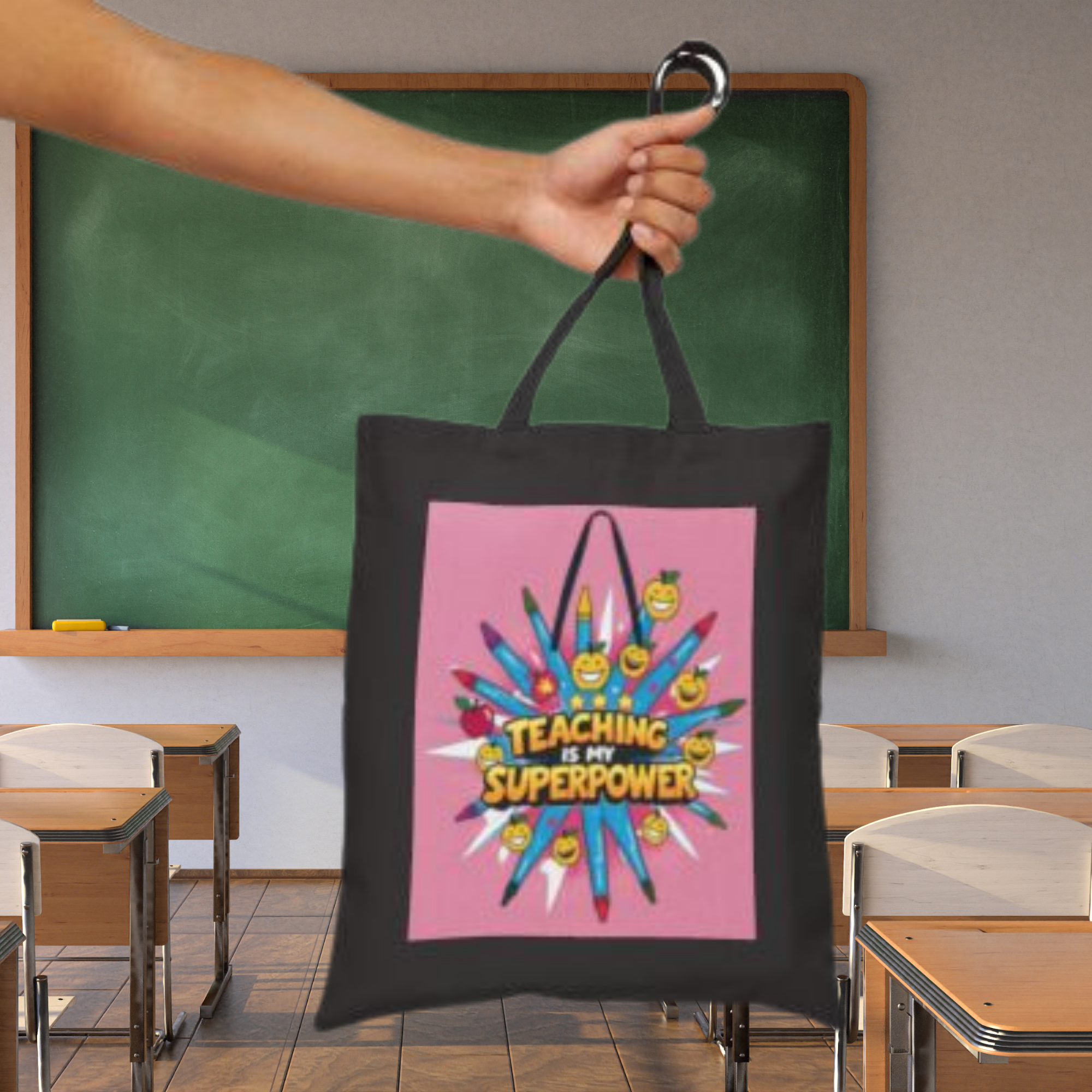 Teaching Is My Superpower Tote Bag Funny Teacher Appreciation Gift for Back to School | Elementary School Canvas Bag | Natural or Black Color product thumbnail image