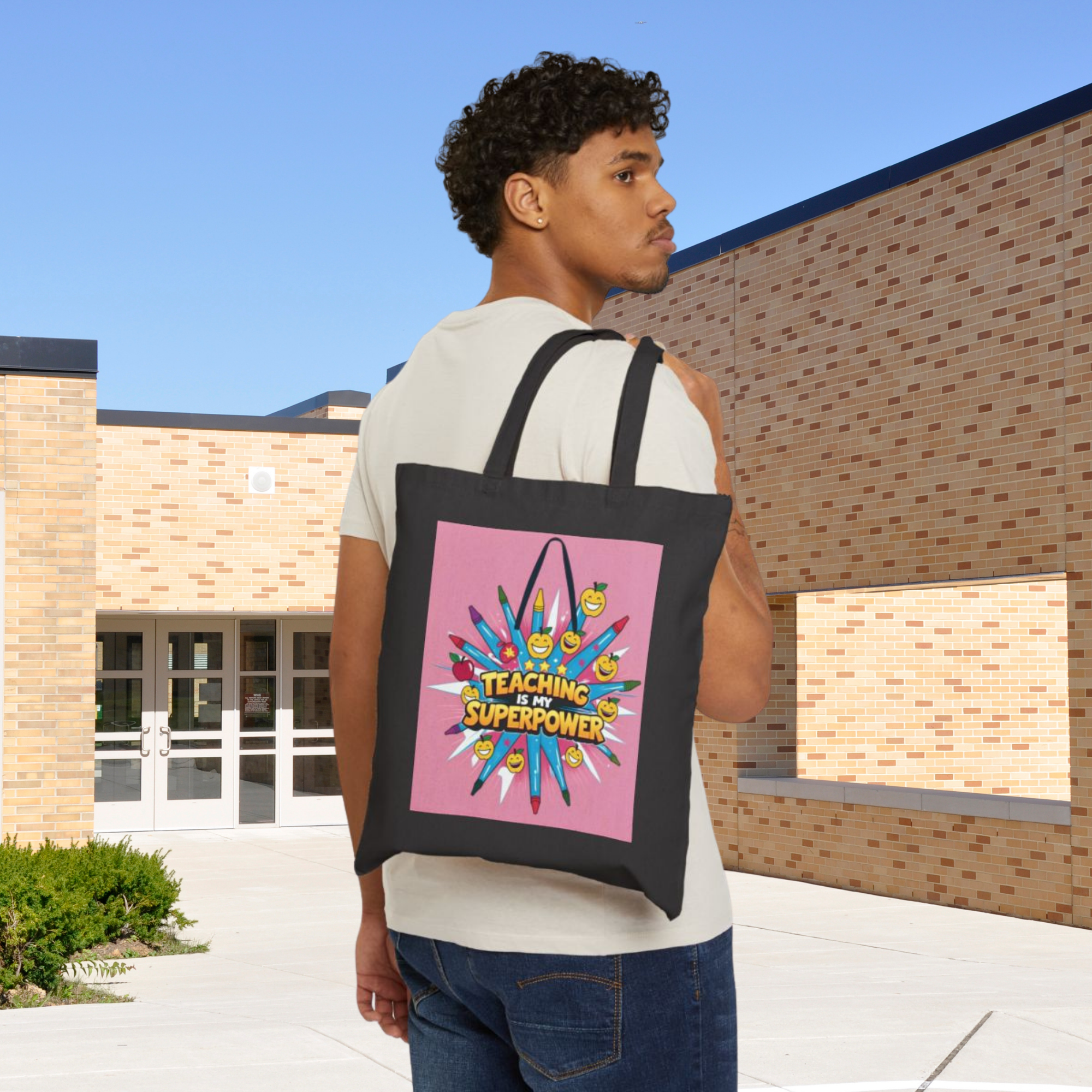Teaching Is My Superpower Tote Bag Funny Teacher Appreciation Gift for Back to School | Elementary School Canvas Bag | Natural or Black Color product thumbnail image