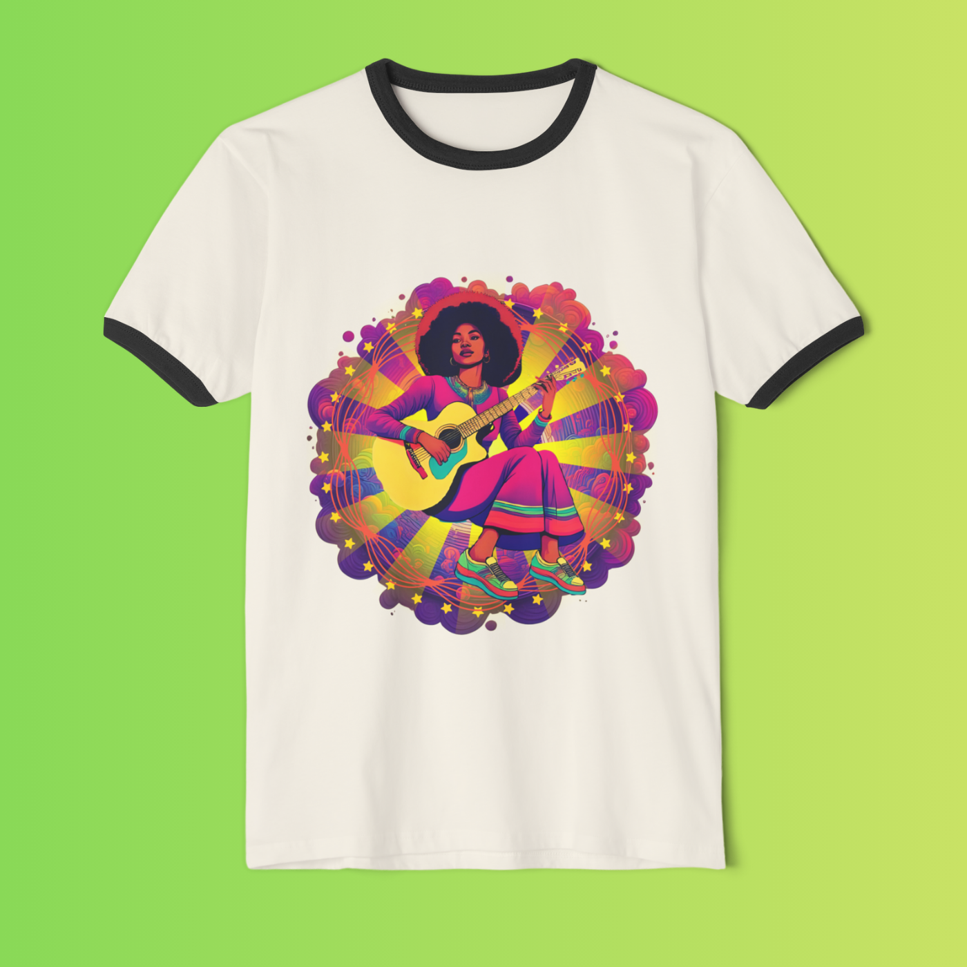 Vibrant Cosmic Musician Ringer T-Shirt - Bohemian Style Tee, Festival Shirt, Gift for Music Lovers, Summer Attire, Casual Wear Vibrant Cosmic Musician Ringer T-Shirt - Bohemian Style Tee, Festival Shirt, Gift for Music Lovers, Summer Attire, Casual Wear