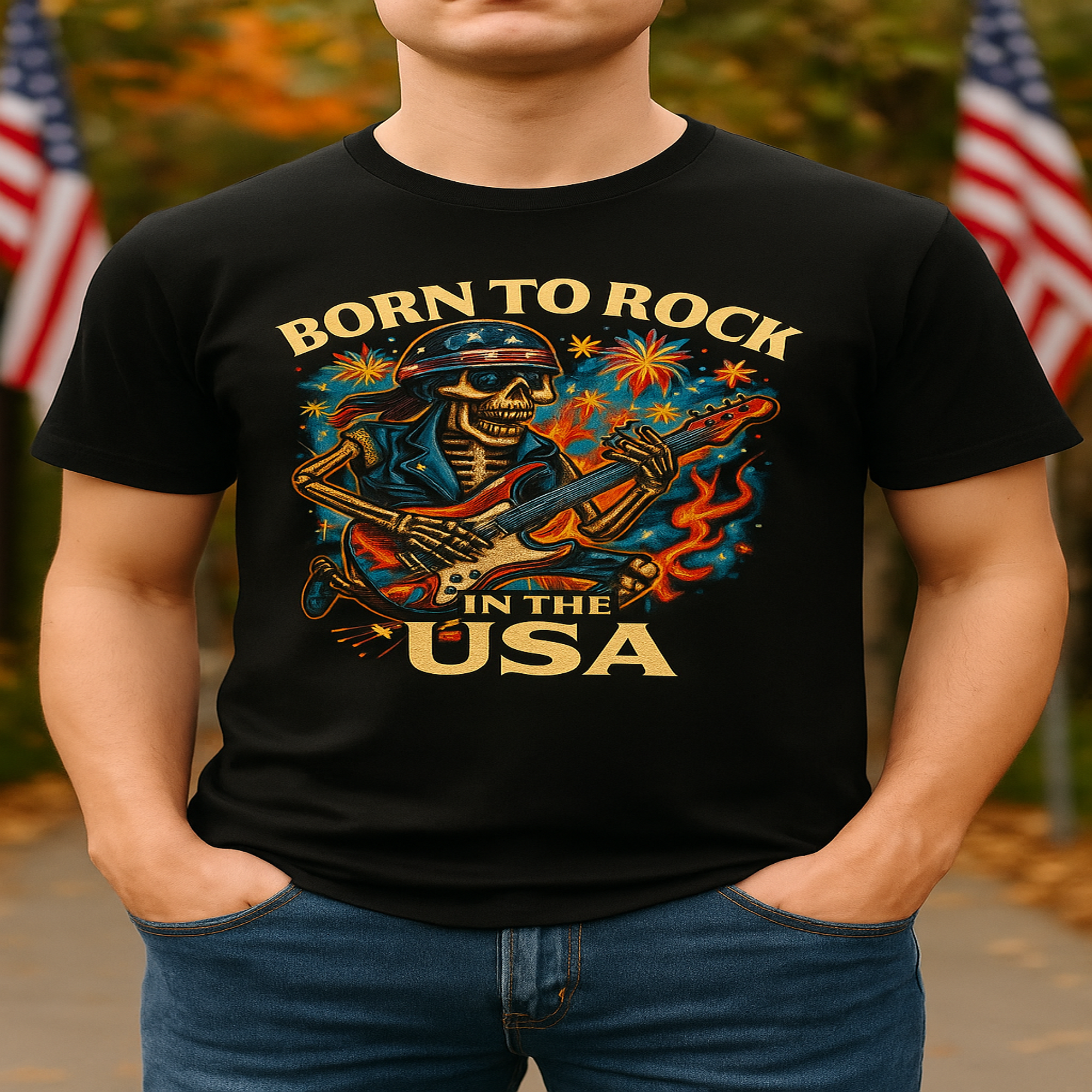 Born to Rock in the USA Skeleton Electric  Guitar Fender Gibson Taylor Shirt