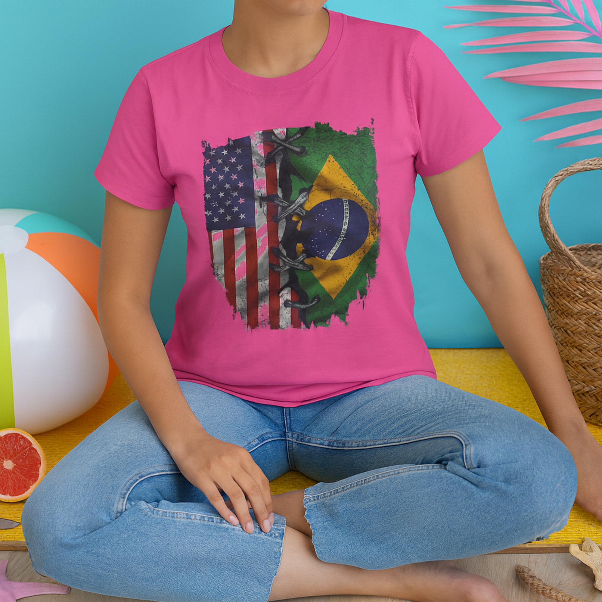 Women's USA &amp; Brazil Flag Shirt Laced Patriotic Pride Tee American Brazilian