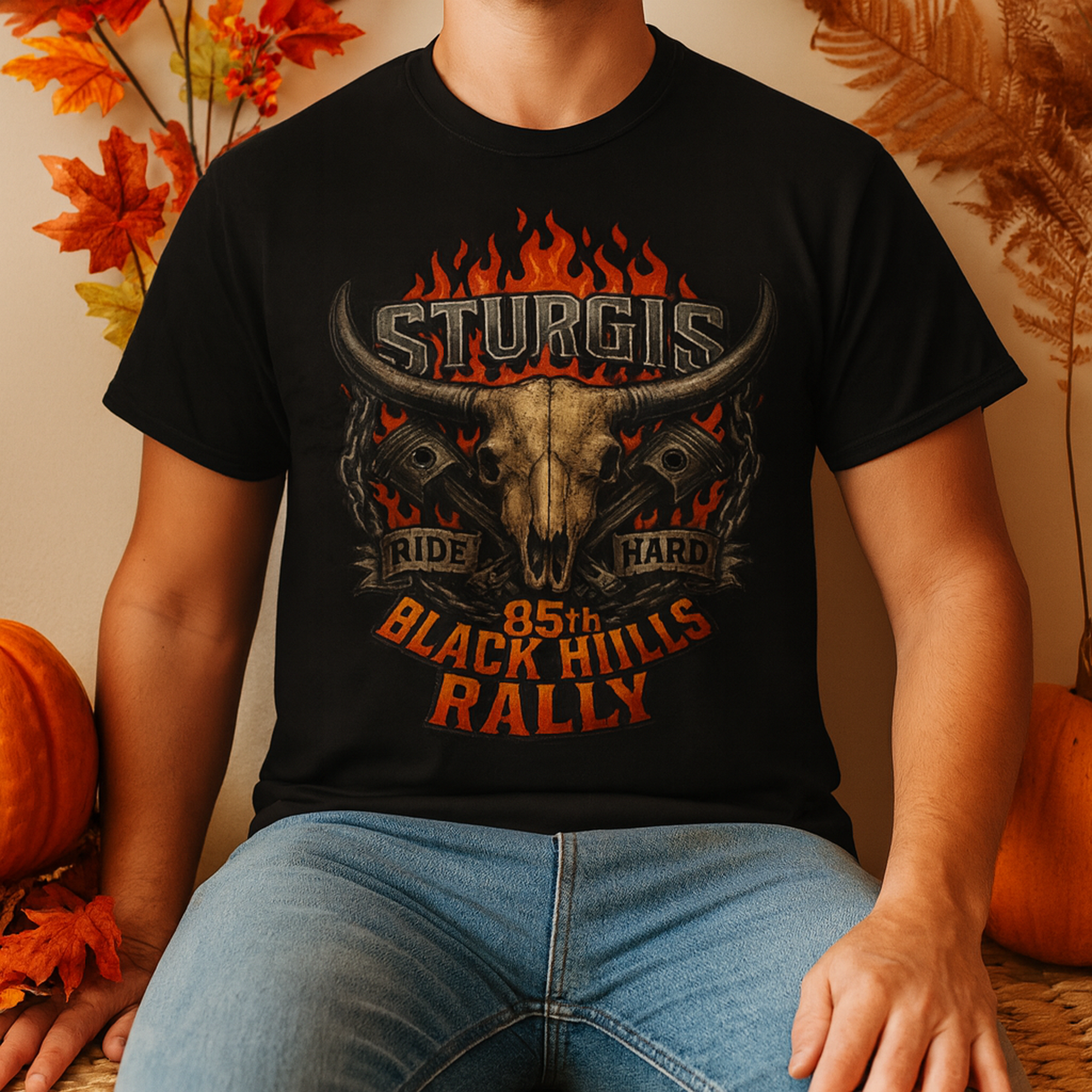 Sturgis 85th Black Hills Rally T-Shirt Ride Hard Skull Flames Biker Tee