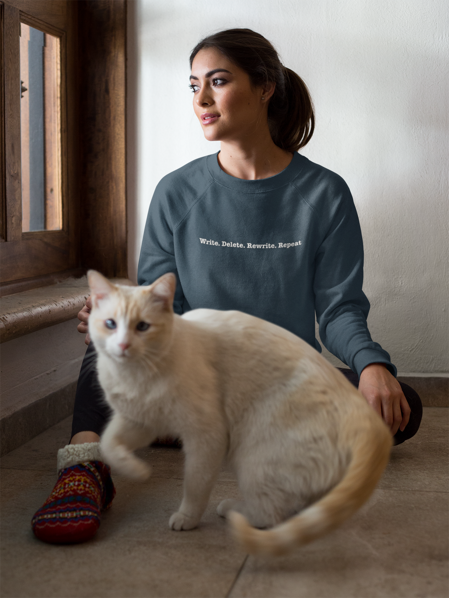Writers' Sweatshirt: Write. Delete. Rewrite. Repeat. | Unisex Garment-Dyed | Cozy Gift for Authors, Creative Minds, Birthdays, Holidays product thumbnail image Writers' Sweatshirt: Write. Delete. Rewrite. Repeat. | Unisex Garment-Dyed | Cozy Gift for Authors, Creative Minds, Birthdays, Holidays product thumbnail image