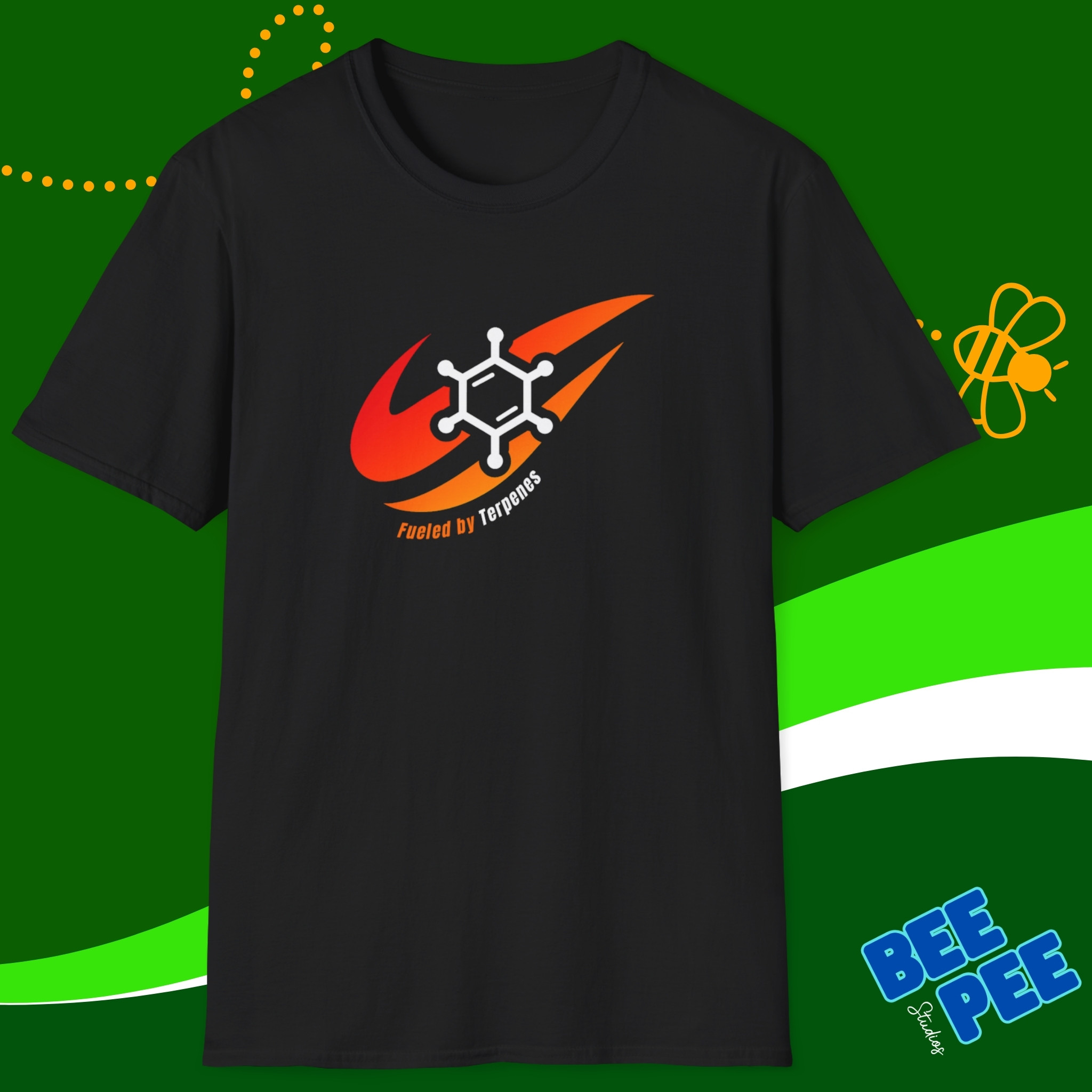 Graphic T-Shirt 'Fueled by Terpenes' Red and Orange Original Design product thumbnail image Graphic T-Shirt 'Fueled by Terpenes' Red and Orange Original Design product thumbnail image