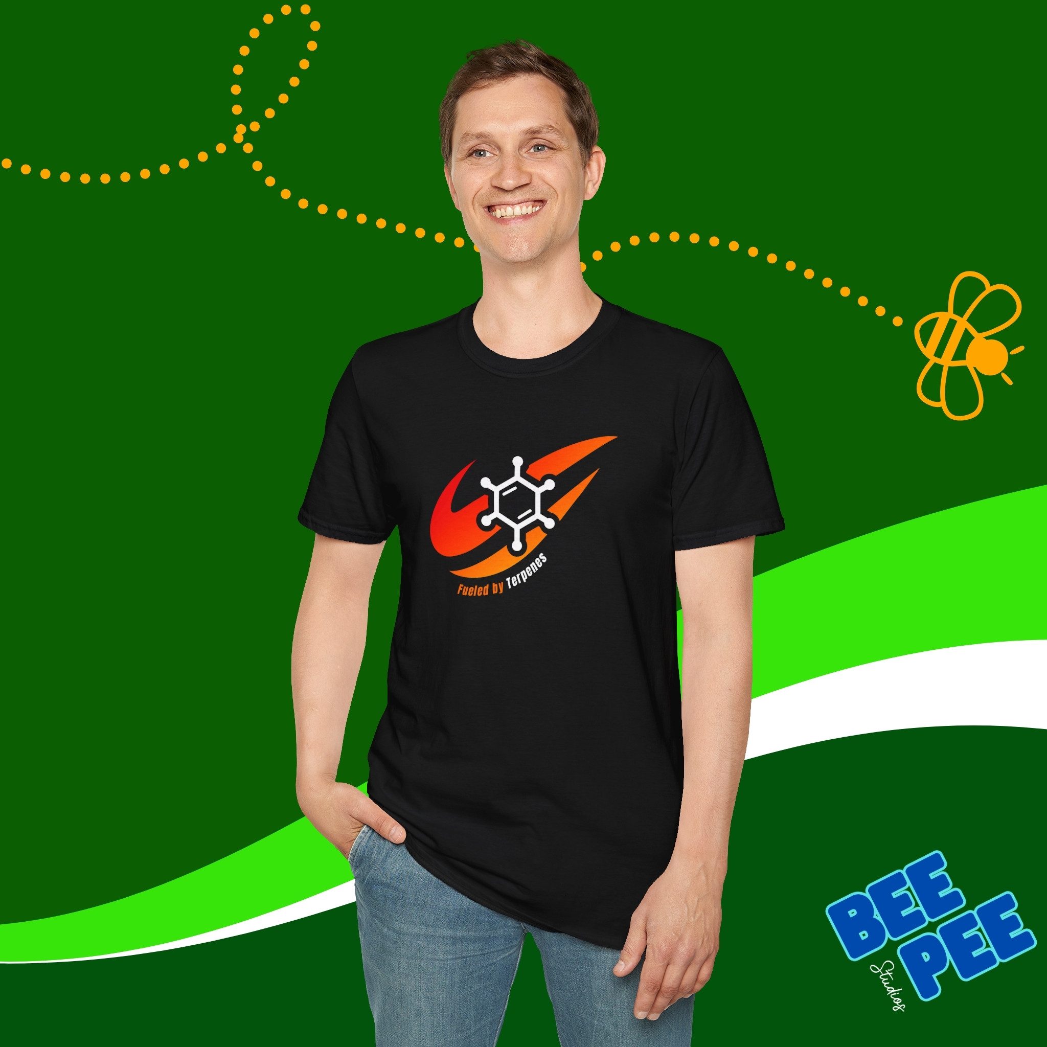 Graphic T-Shirt 'Fueled by Terpenes' Red and Orange Original Design product thumbnail image Graphic T-Shirt 'Fueled by Terpenes' Red and Orange Original Design product thumbnail image