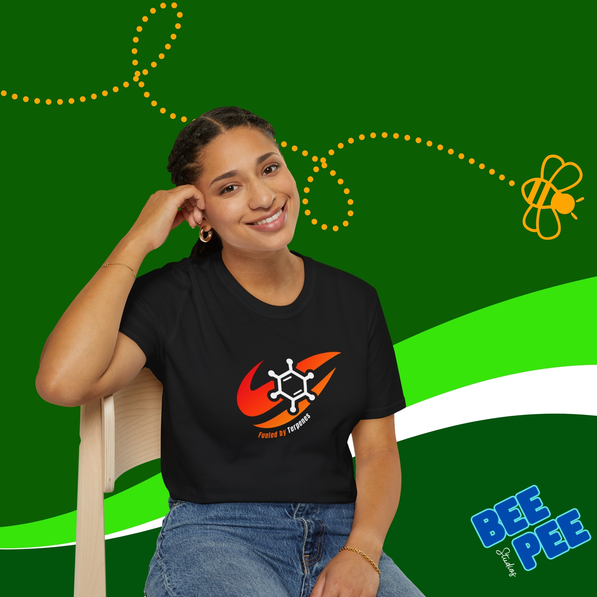 Graphic T-Shirt 'Fueled by Terpenes' Red and Orange Original Design product thumbnail image Graphic T-Shirt 'Fueled by Terpenes' Red and Orange Original Design product thumbnail image