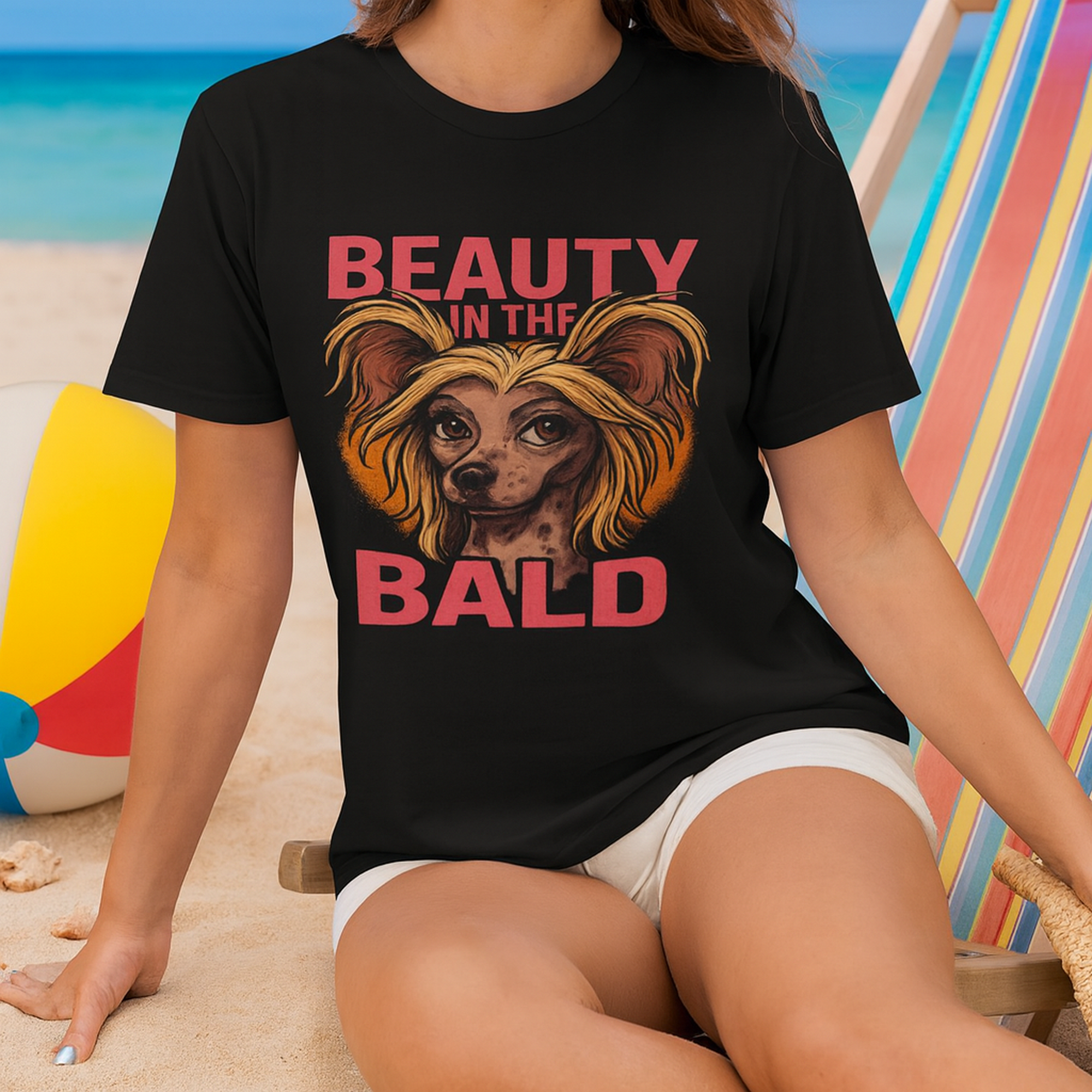 Chinese Crested Beauty in the Bald  T-Shirt - Funny Dog Lovers Gift, Pet Owner Tee, Cute Animal Shirt, Fun Pet Apparel, Birthday and Pet Day