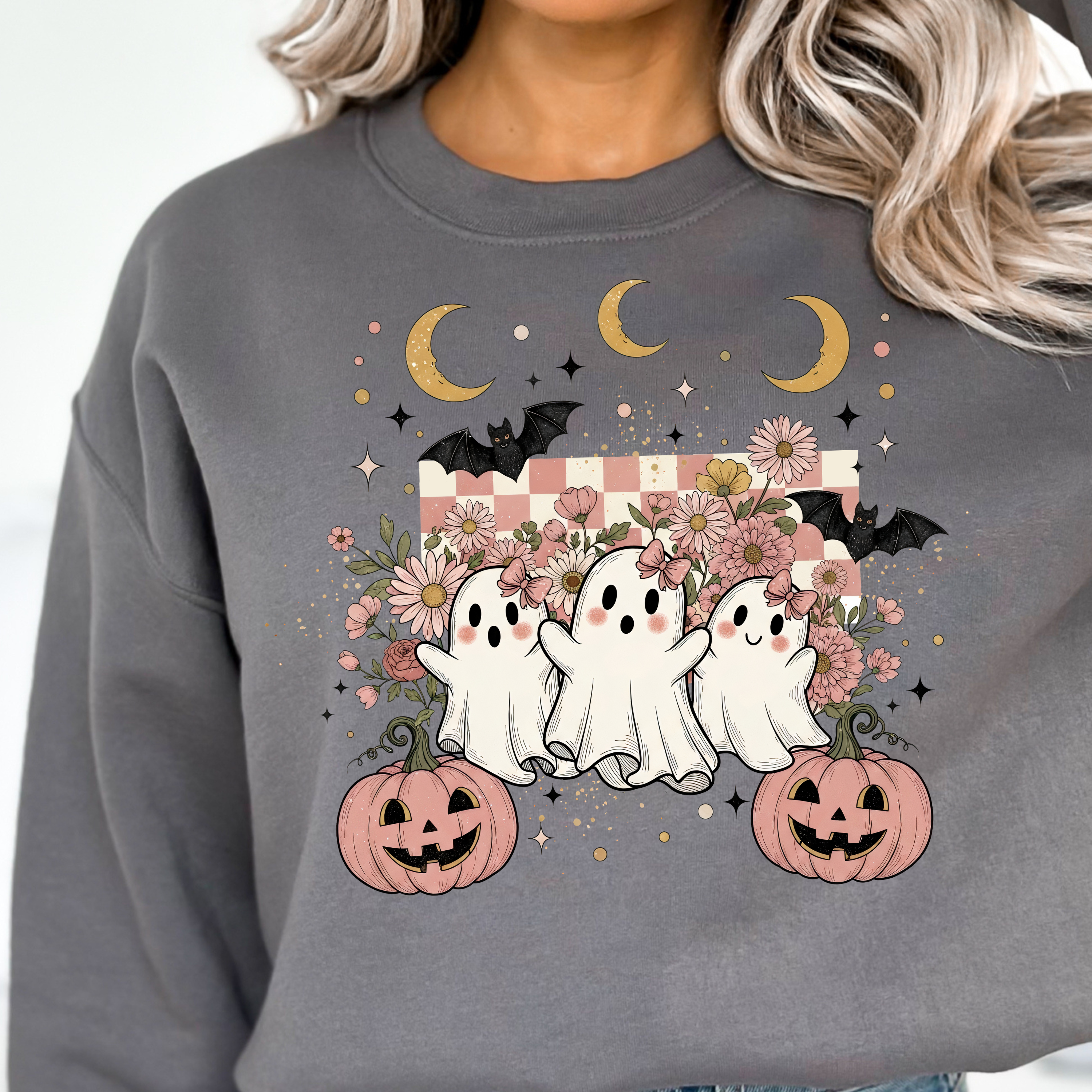Cute Ghost with pumpkins and bats Halloween shirt product thumbnail image Cute Ghost with pumpkins and bats Halloween shirt product thumbnail image