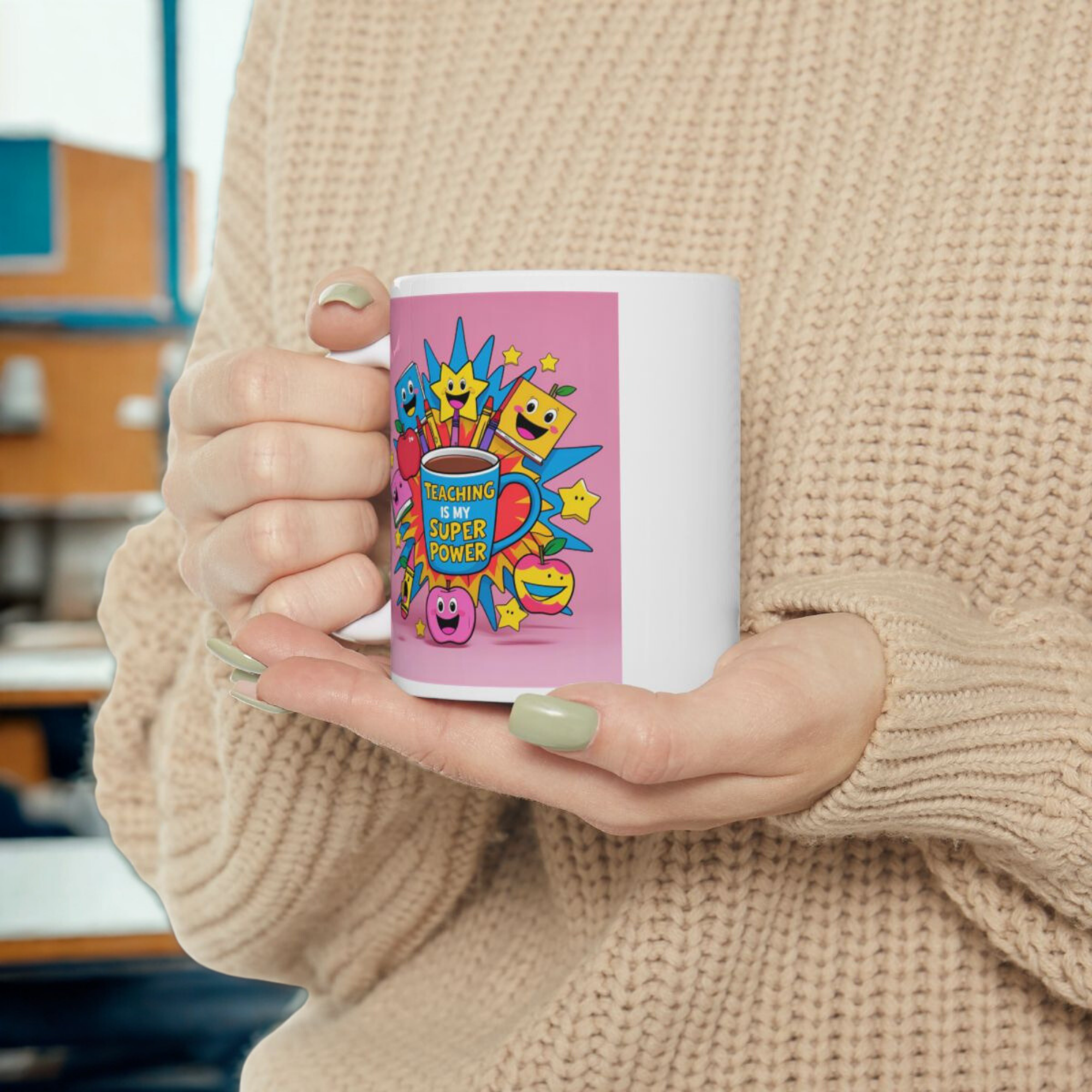 Teaching Is My Superpower Teacher Mug Fun Pink Coffee Cup for Elementary Educators 11oz And 15oz Ceramic Back to School Gift product thumbnail image