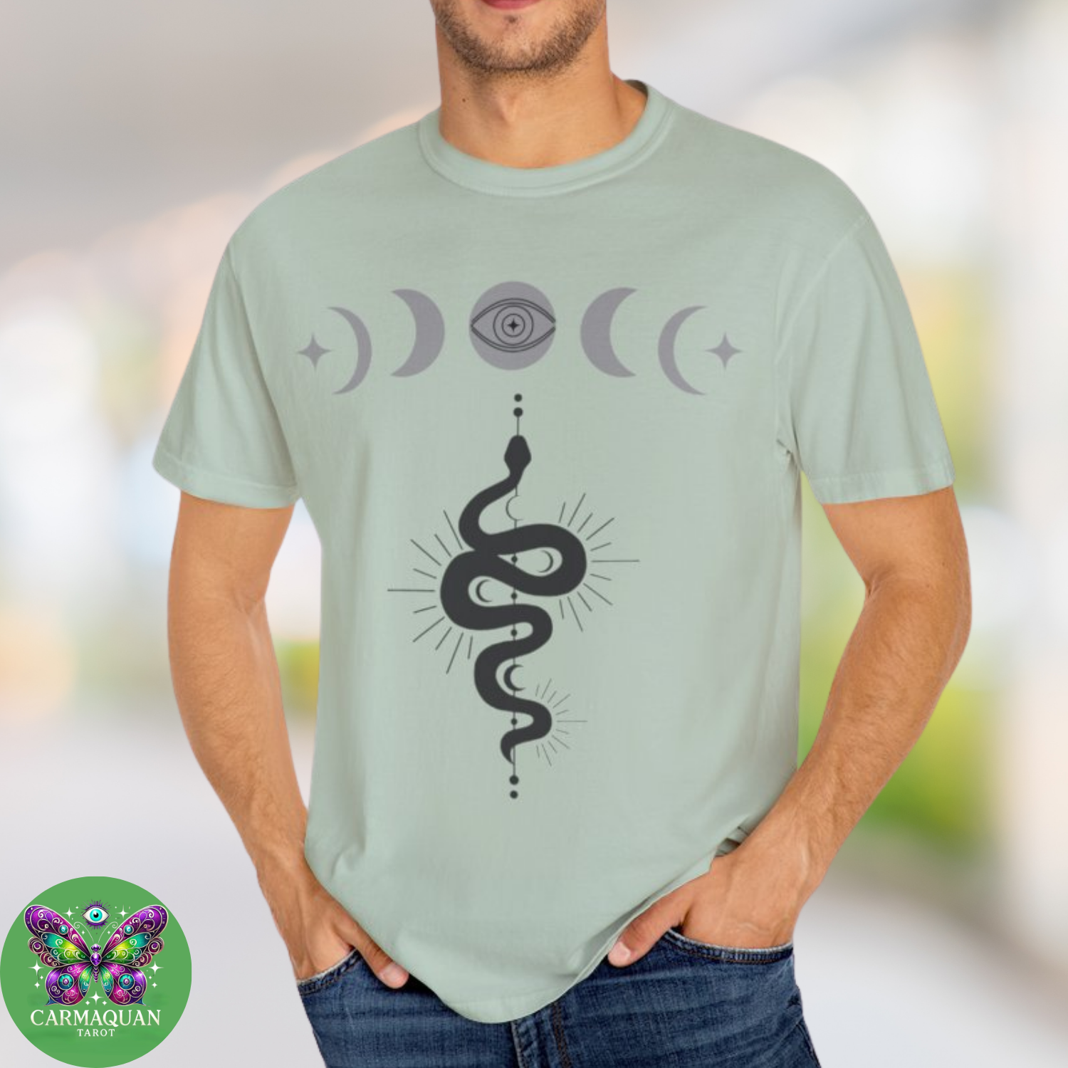 Mystic Serpent Unisex Cotton Graphic T-Shirt by CarmaQuanTarot | Occult Snake Design, Moon Phases Shirt, Spiritual Streetwear, Witchy Apparel for Men, Festival Gift Idea