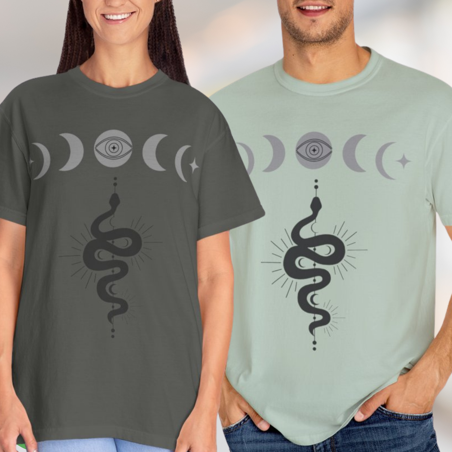 Mystic Serpent Unisex Cotton Graphic T-Shirt by CarmaQuanTarot | Occult Snake Design, Moon Phases Shirt, Spiritual Streetwear, Witchy Apparel for Men, Festival Gift Idea product thumbnail image