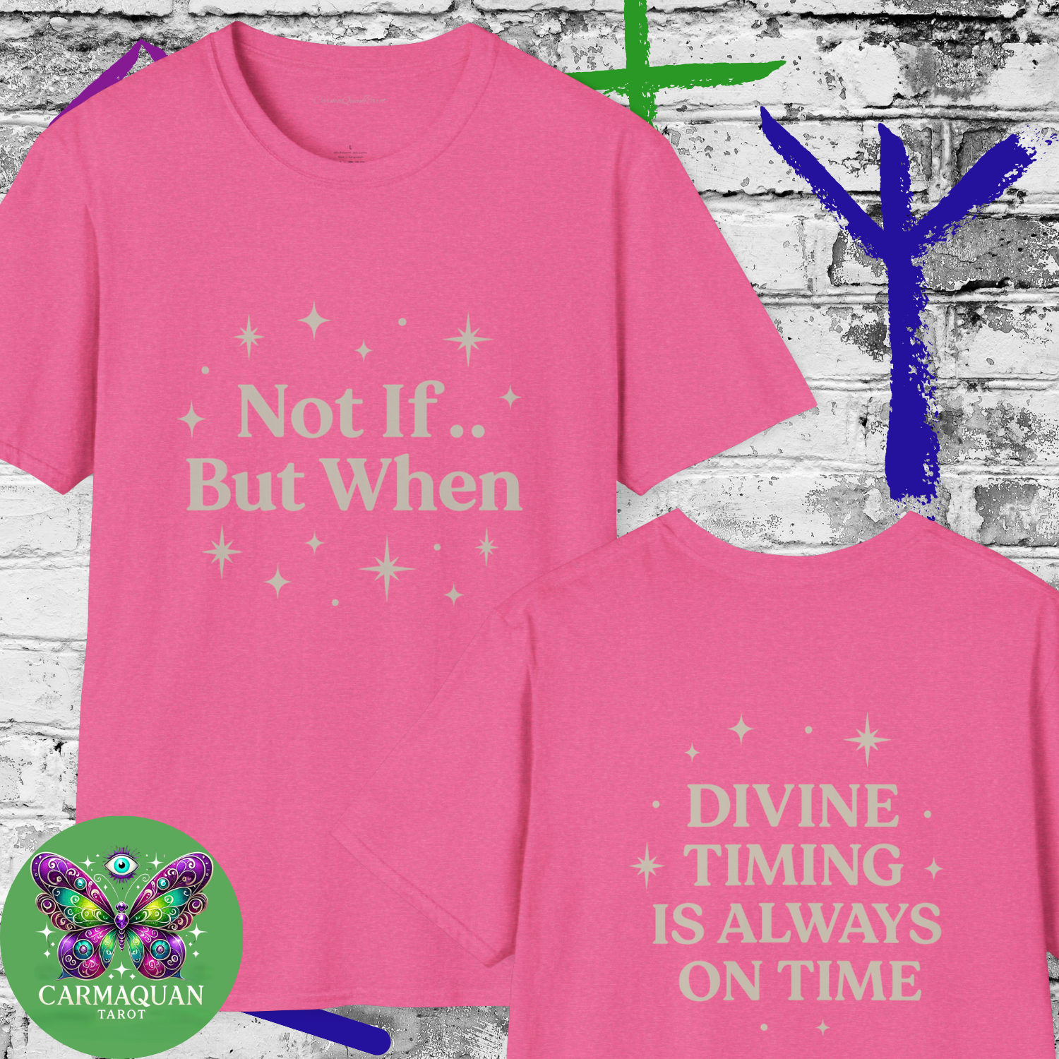 Divine Timing T-Shirt | Spiritual Graphic Tee | Unisex Softstyle | Mindful Gift | By CarmaQuanTarot product thumbnail image Divine Timing T-Shirt | Spiritual Graphic Tee | Unisex Softstyle | Mindful Gift | By CarmaQuanTarot product thumbnail image