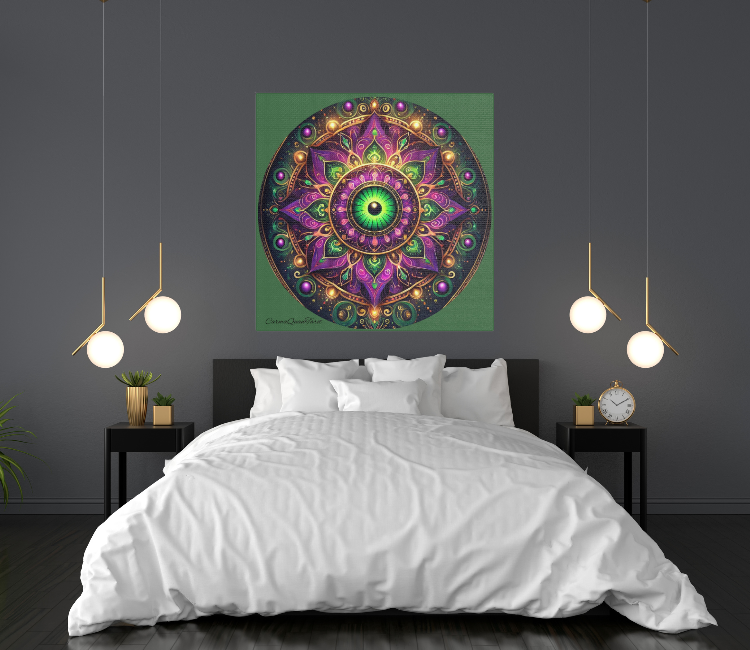Disguised Evil Eye Mandala Print – Purple &amp; Green Satin Canvas | Dopamine Decor by CarmaQuanTarot product thumbnail image