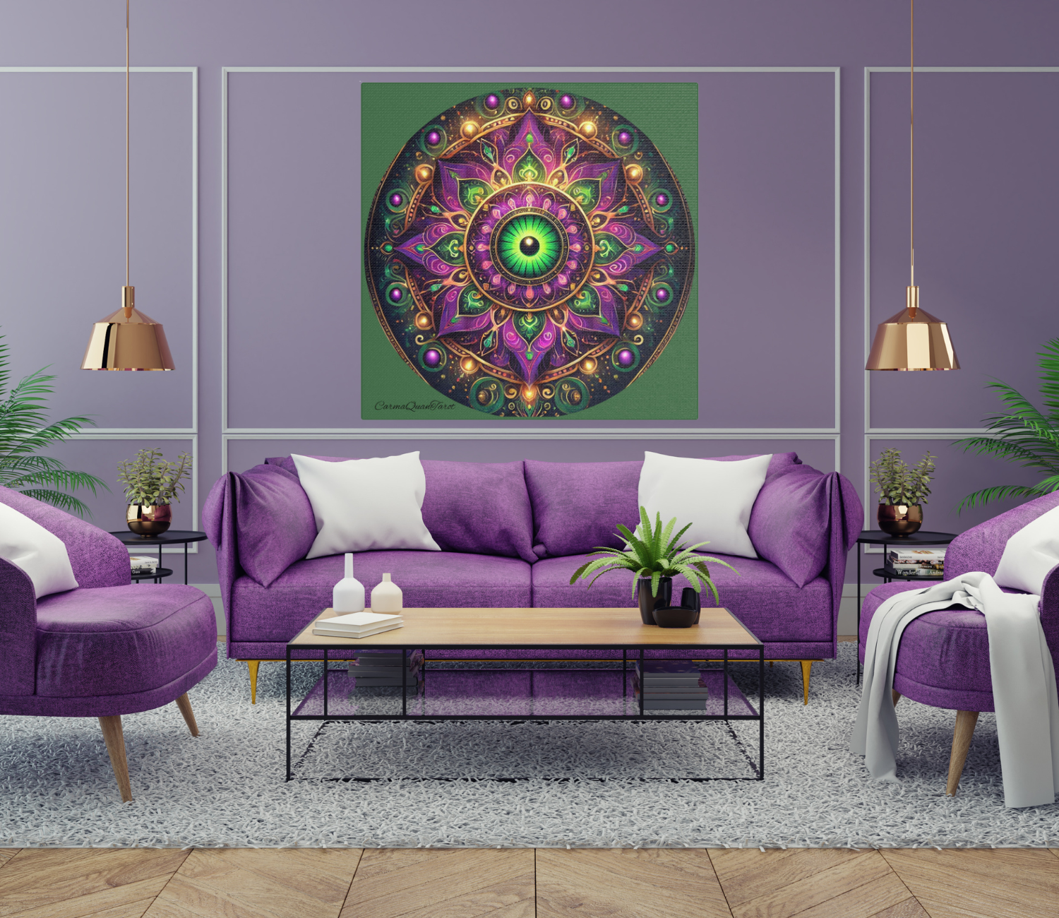 Disguised Evil Eye Mandala Print – Purple &amp; Green Satin Canvas | Dopamine Decor by CarmaQuanTarot product thumbnail image