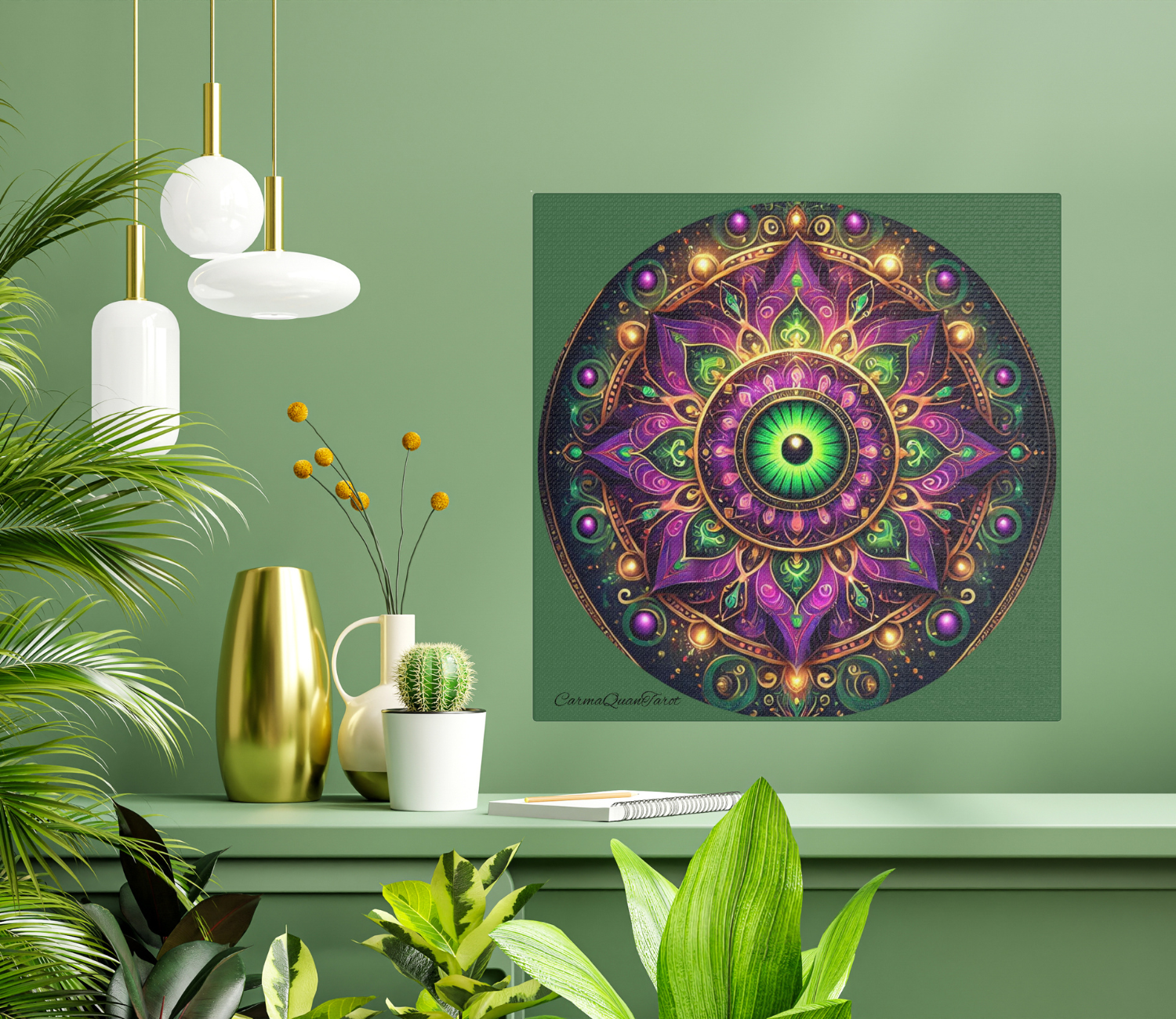 Disguised Evil Eye Mandala Print – Purple &amp; Green Satin Canvas | Dopamine Decor by CarmaQuanTarot product thumbnail image
