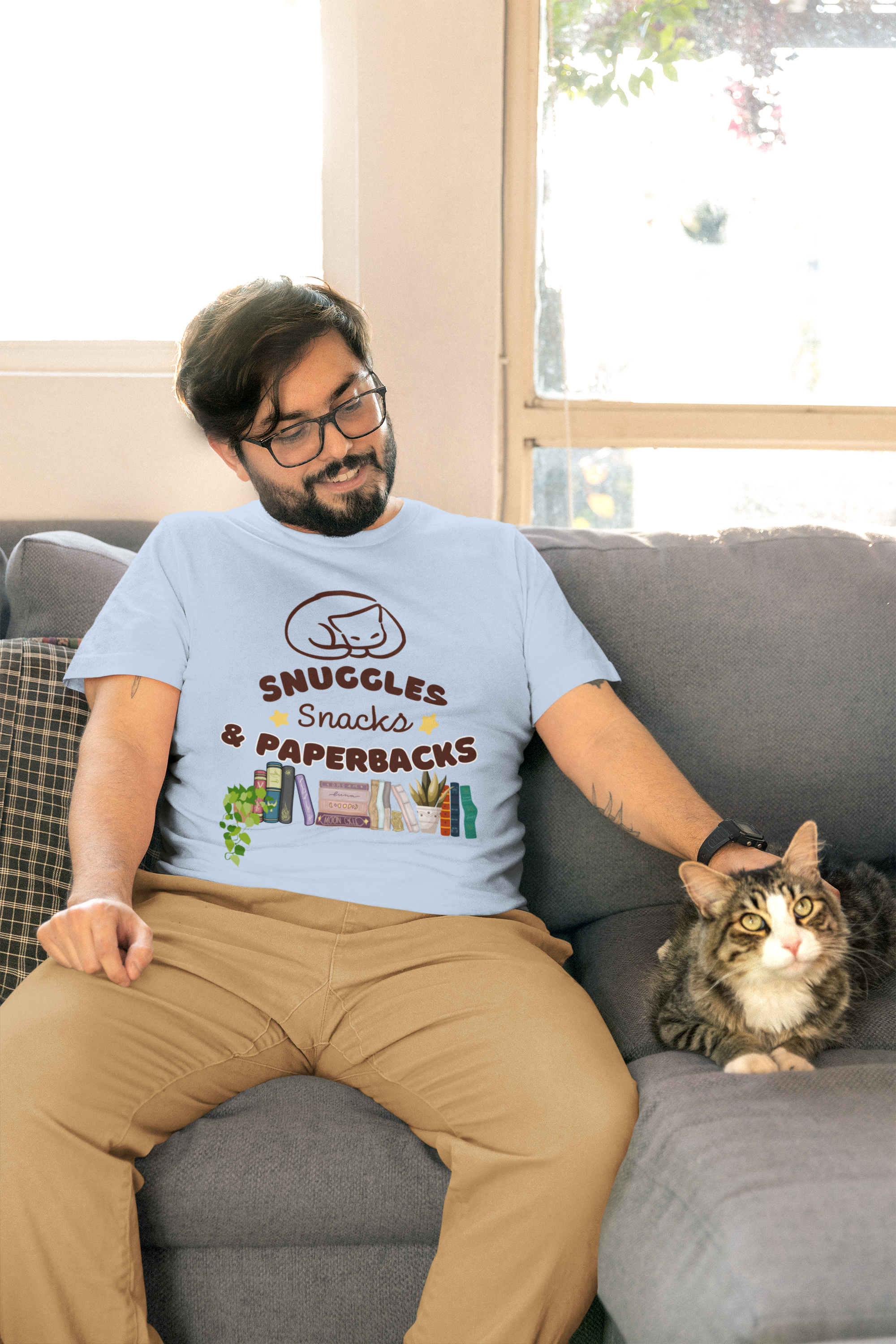 Snuggles Snacks &amp; Paperbacks Tee | Cozy Reader Shirt | Book Lover Gift | Cat and Books T-Shirt | Literary Comfort Graphic Tee | Unisex Bookish Top