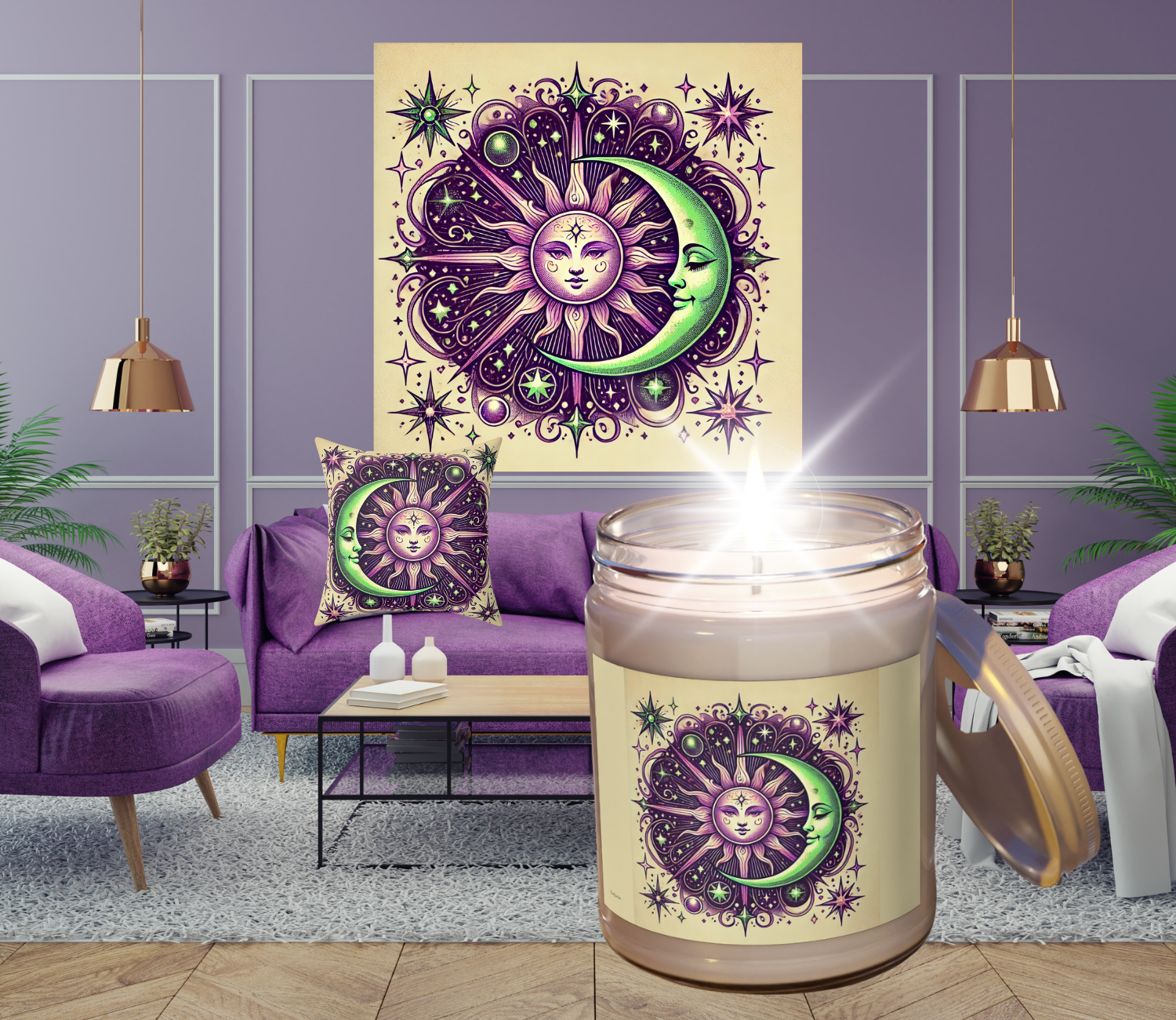 Celestial Scented Candle - Handcrafted 9oz Candle with Moon &amp; Sun Design | Relaxing Aromatherapy | Home Decor Gift | Boho Style product thumbnail image