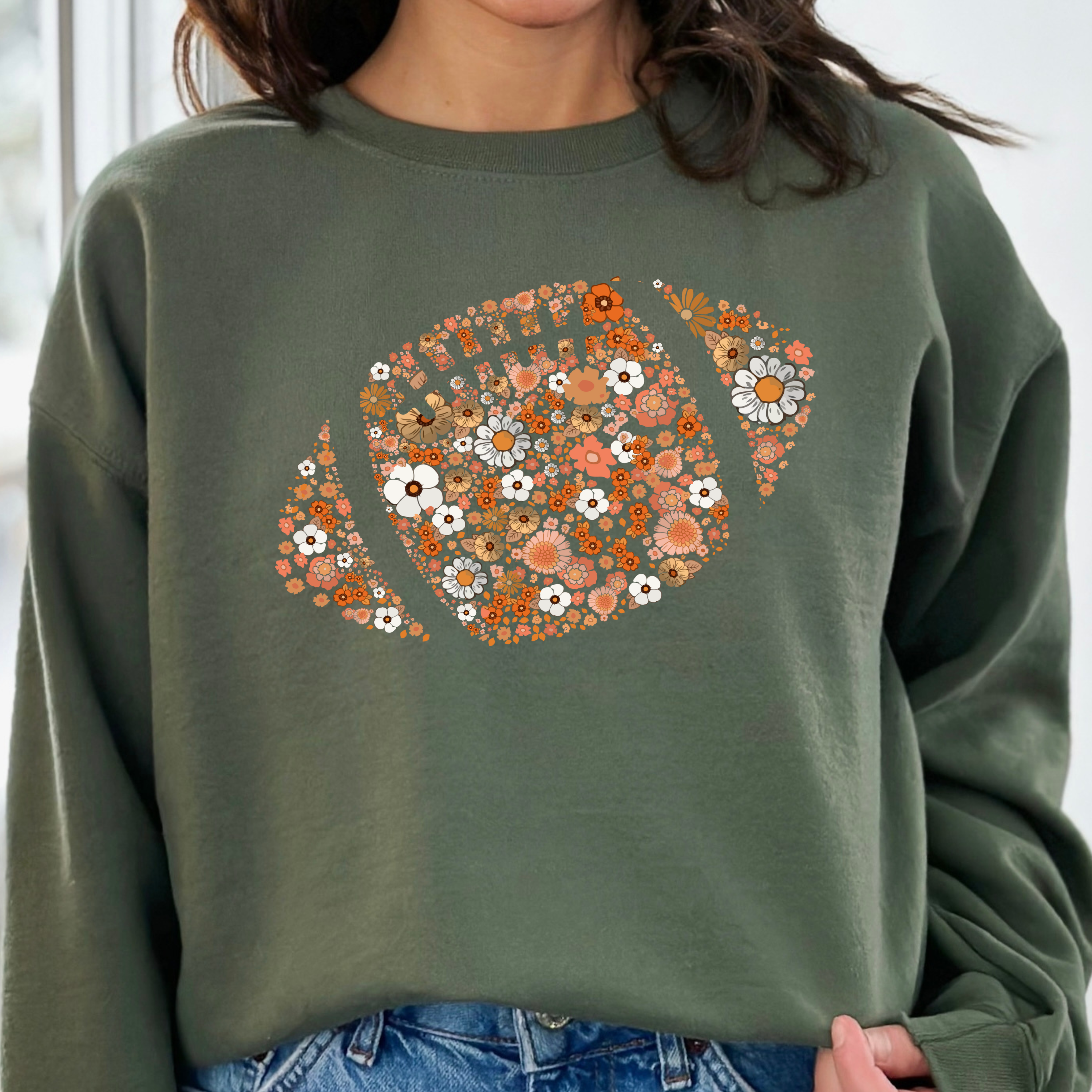 Floral Football Sweatshirt for Cozy Fans, Unisex Crewneck, Perfect for Gifting, Game Day Style, Sports Lover Gift