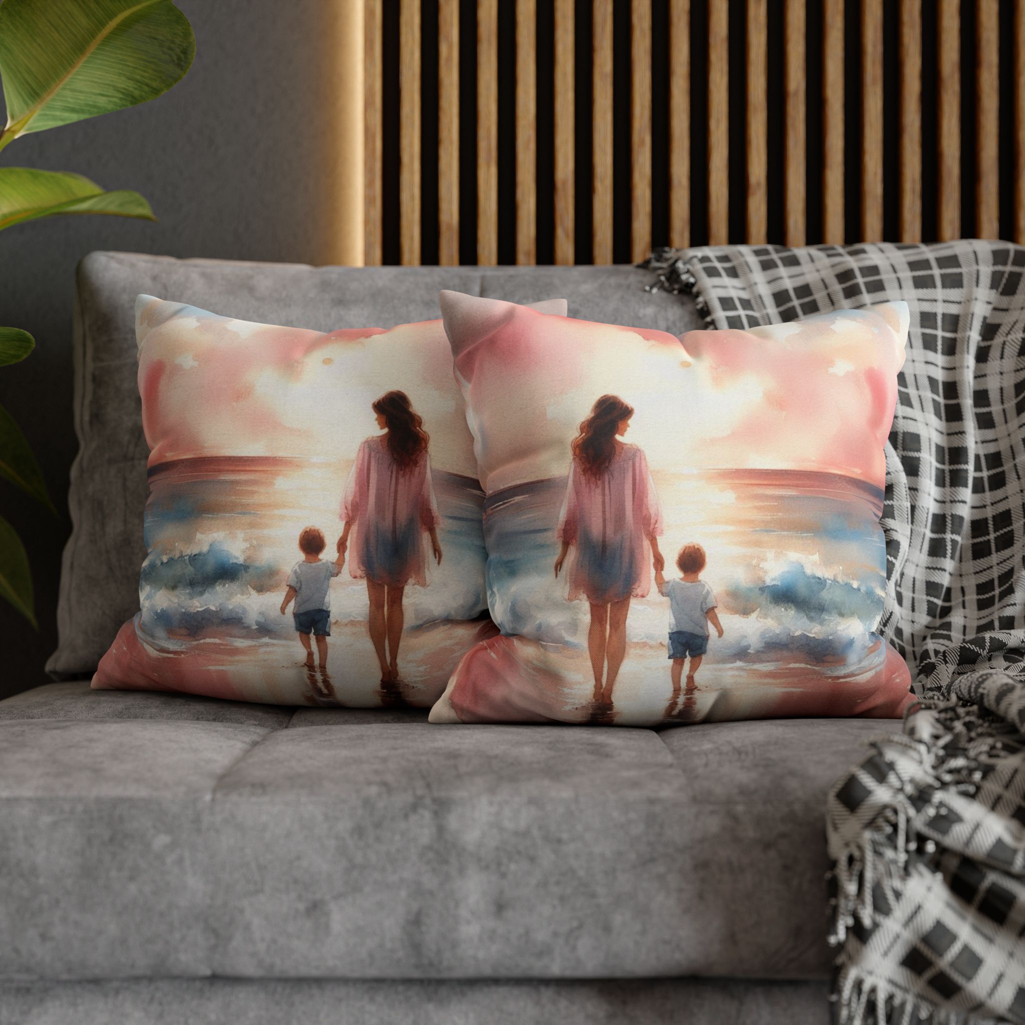 Seaside Bond: Mother and Child Beach Day Spun Polyester Square Pillow, 4 sizes product thumbnail image Seaside Bond: Mother and Child Beach Day Spun Polyester Square Pillow, 4 sizes product thumbnail image