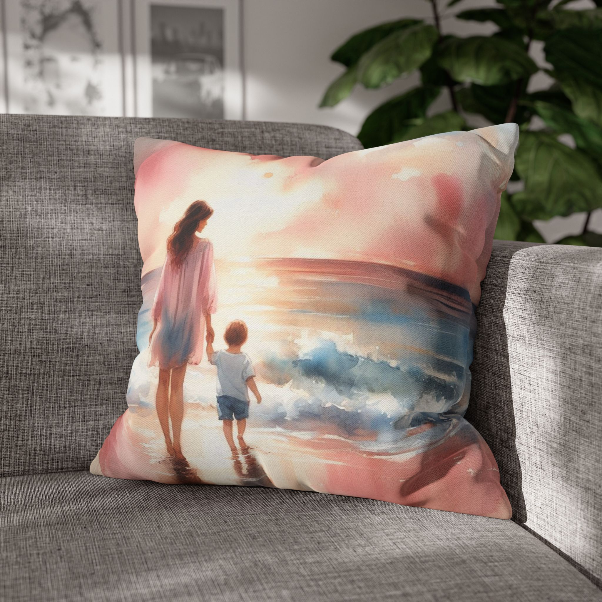 Seaside Bond: Mother and Child Beach Day Spun Polyester Square Pillow, 4 sizes product thumbnail image Seaside Bond: Mother and Child Beach Day Spun Polyester Square Pillow, 4 sizes product thumbnail image