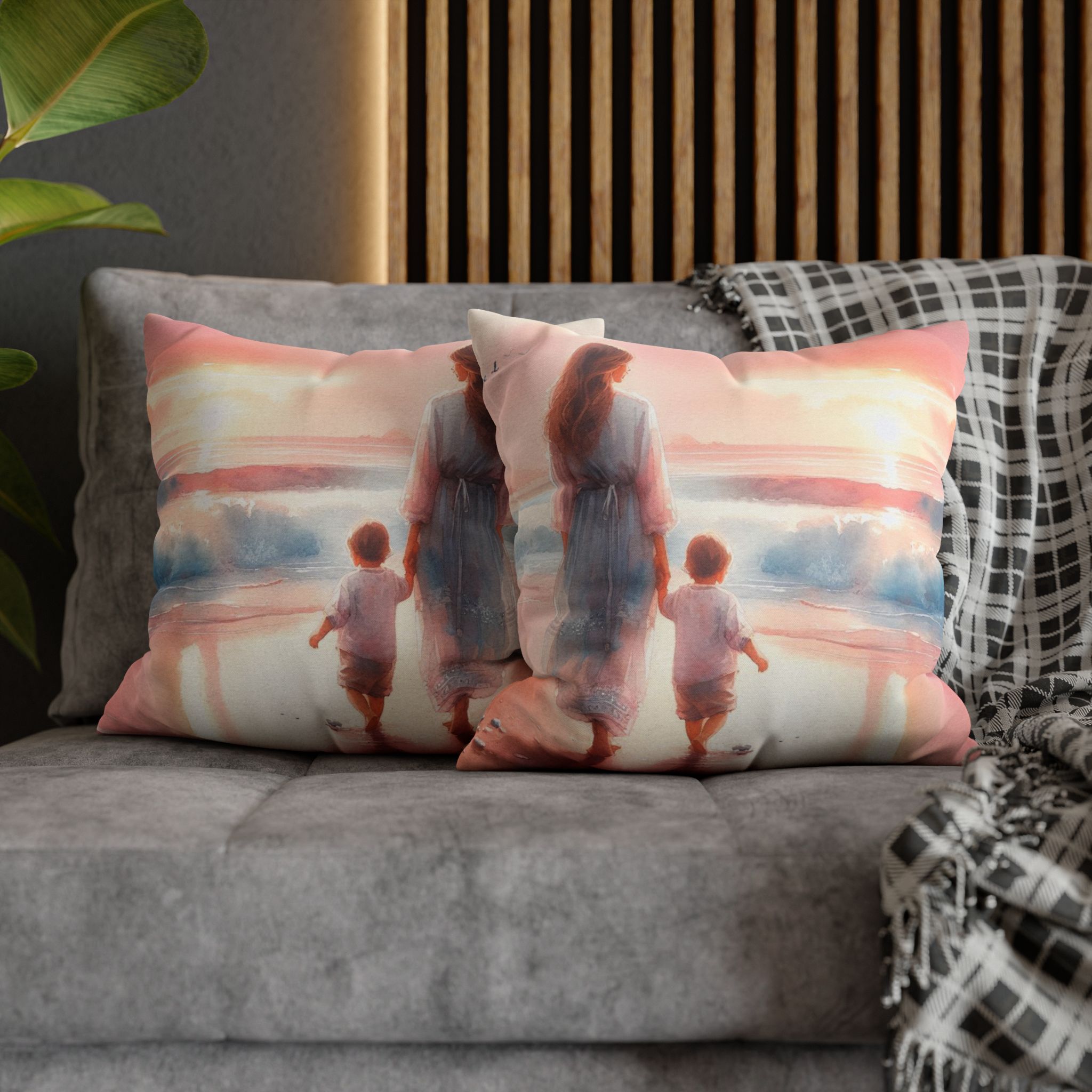 Seaside Bond: Mother and Child Beach Day Spun Polyester Square Pillow, 4 sizes product thumbnail image Seaside Bond: Mother and Child Beach Day Spun Polyester Square Pillow, 4 sizes product thumbnail image