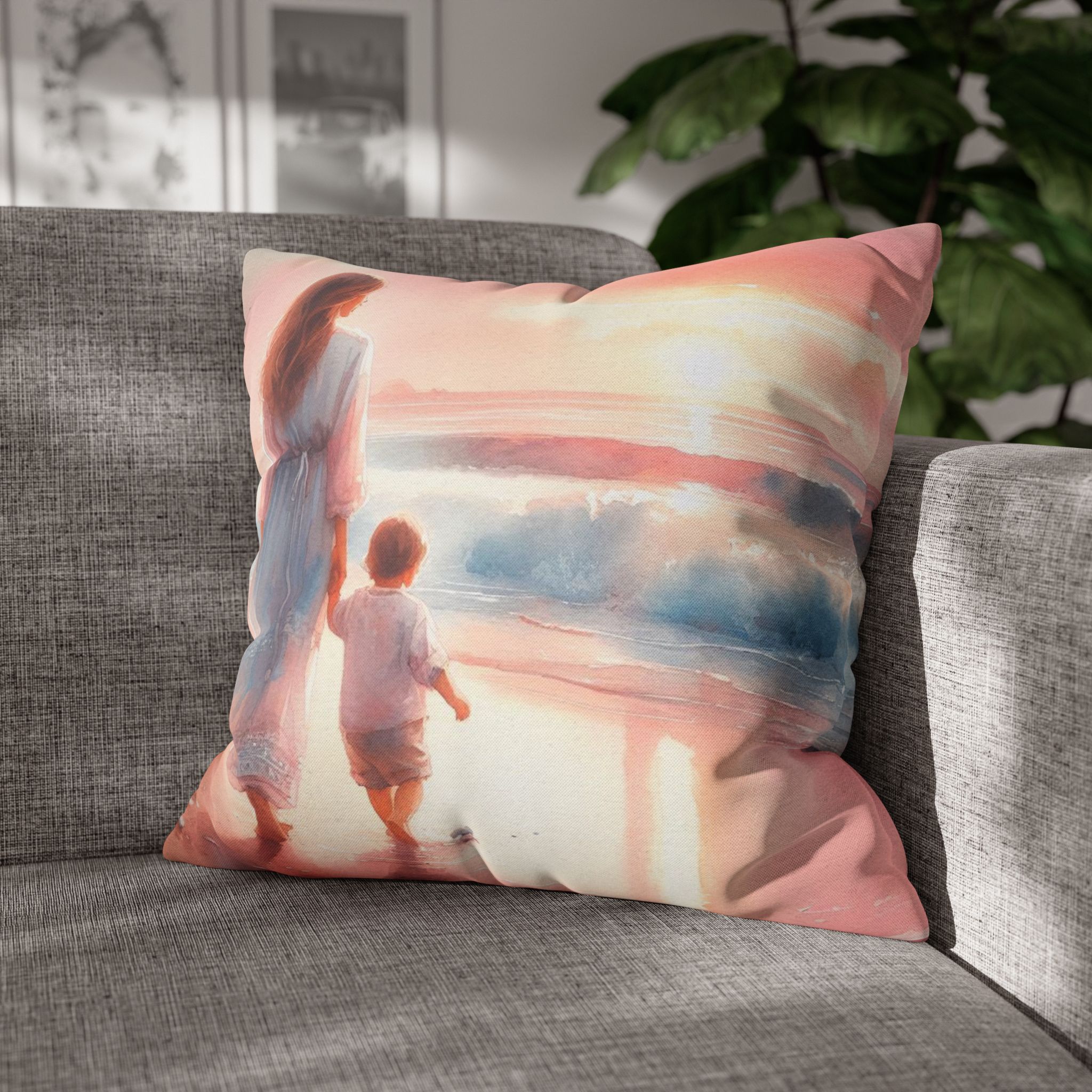 Seaside Bond: Mother and Child Beach Day Spun Polyester Square Pillow, 4 sizes