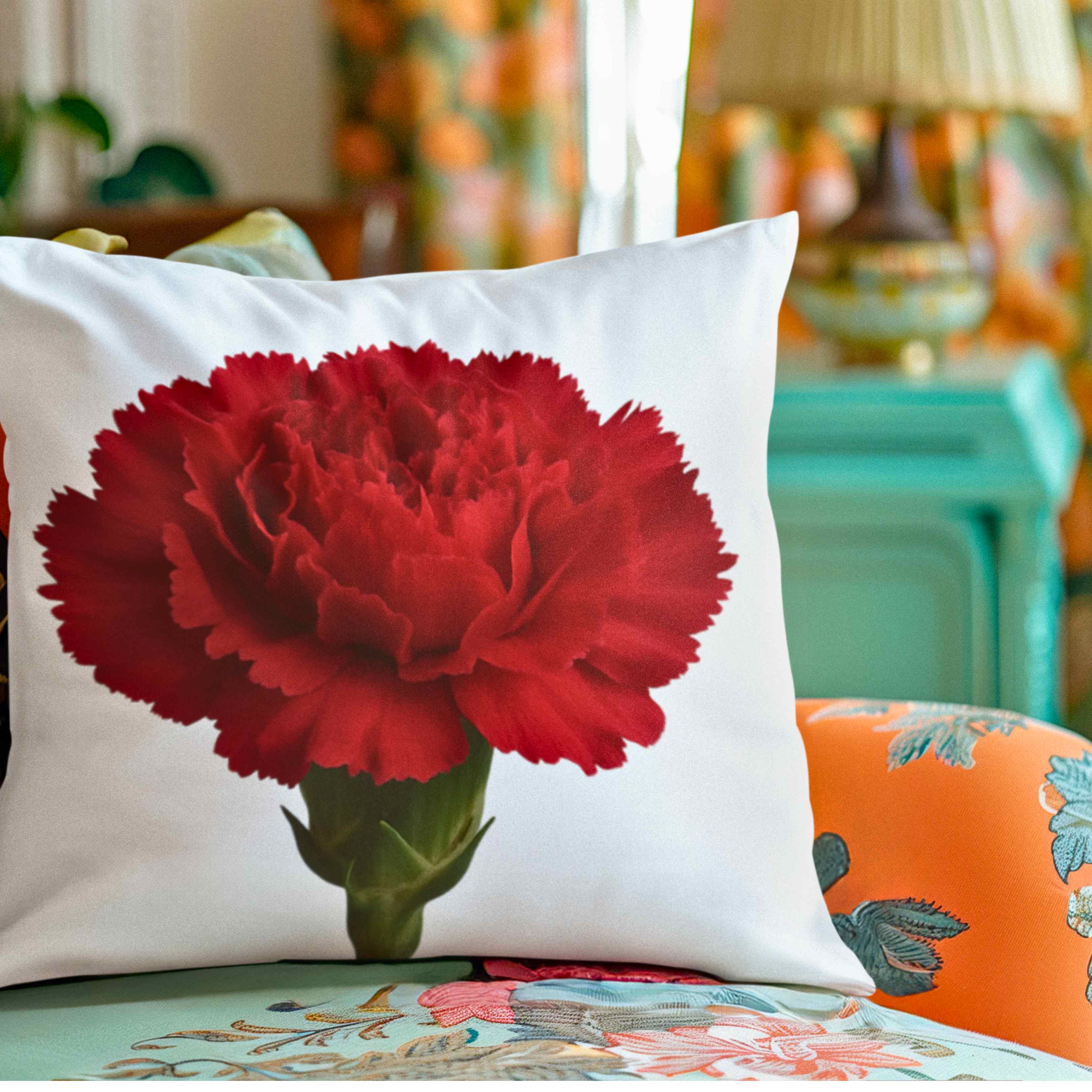 Red Carnation Cushion for Home Decor, Elegant Flower Print Pillow - Gift for Her, Mother's Day, Anniversary, Floral Throw Pillow product thumbnail image