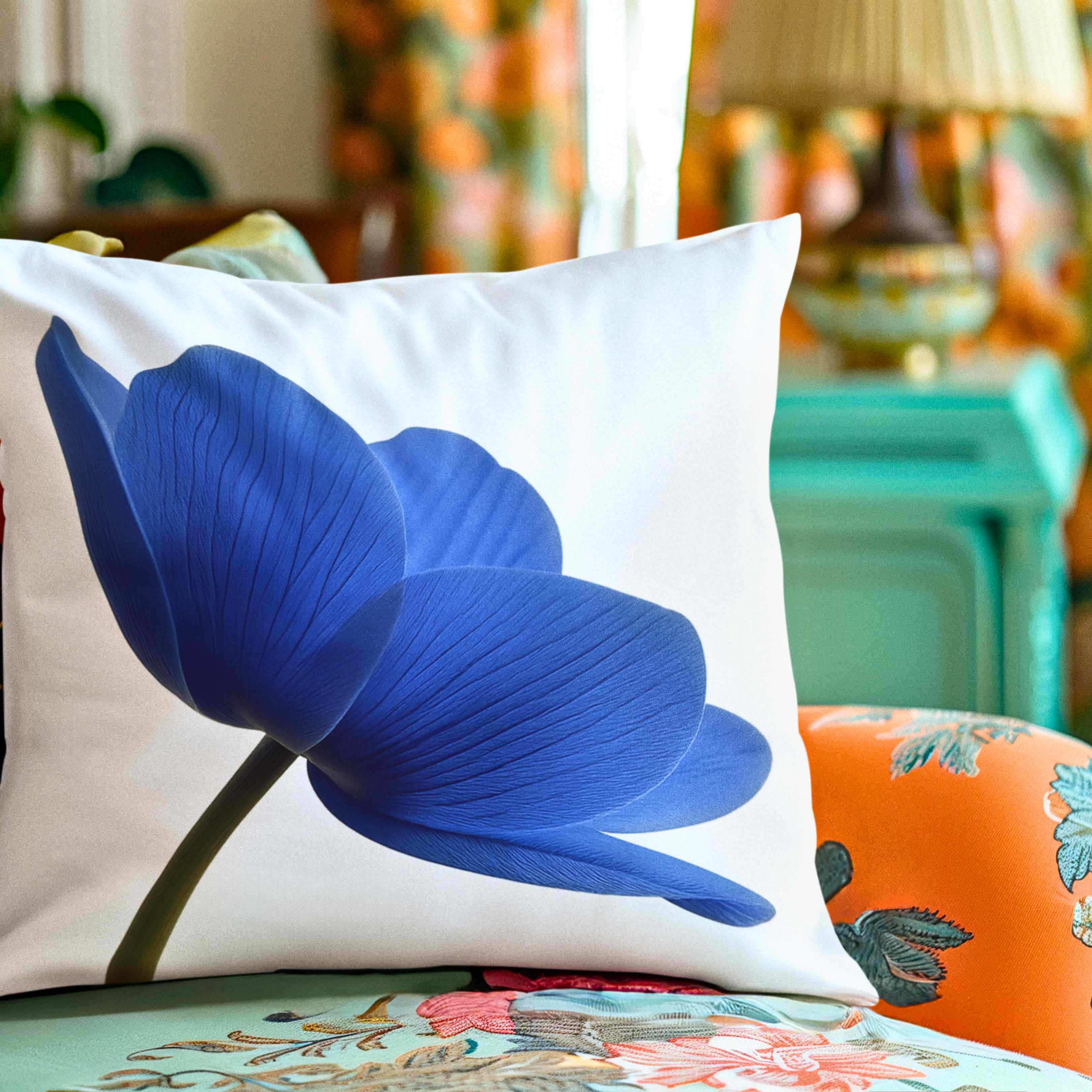 Blue Floral Decorative Pillow, Cozy Home Accent, Gift for Nature Lovers, Stylish Cushion for Living Room, Spring Decor, Housewarming Gift product thumbnail image