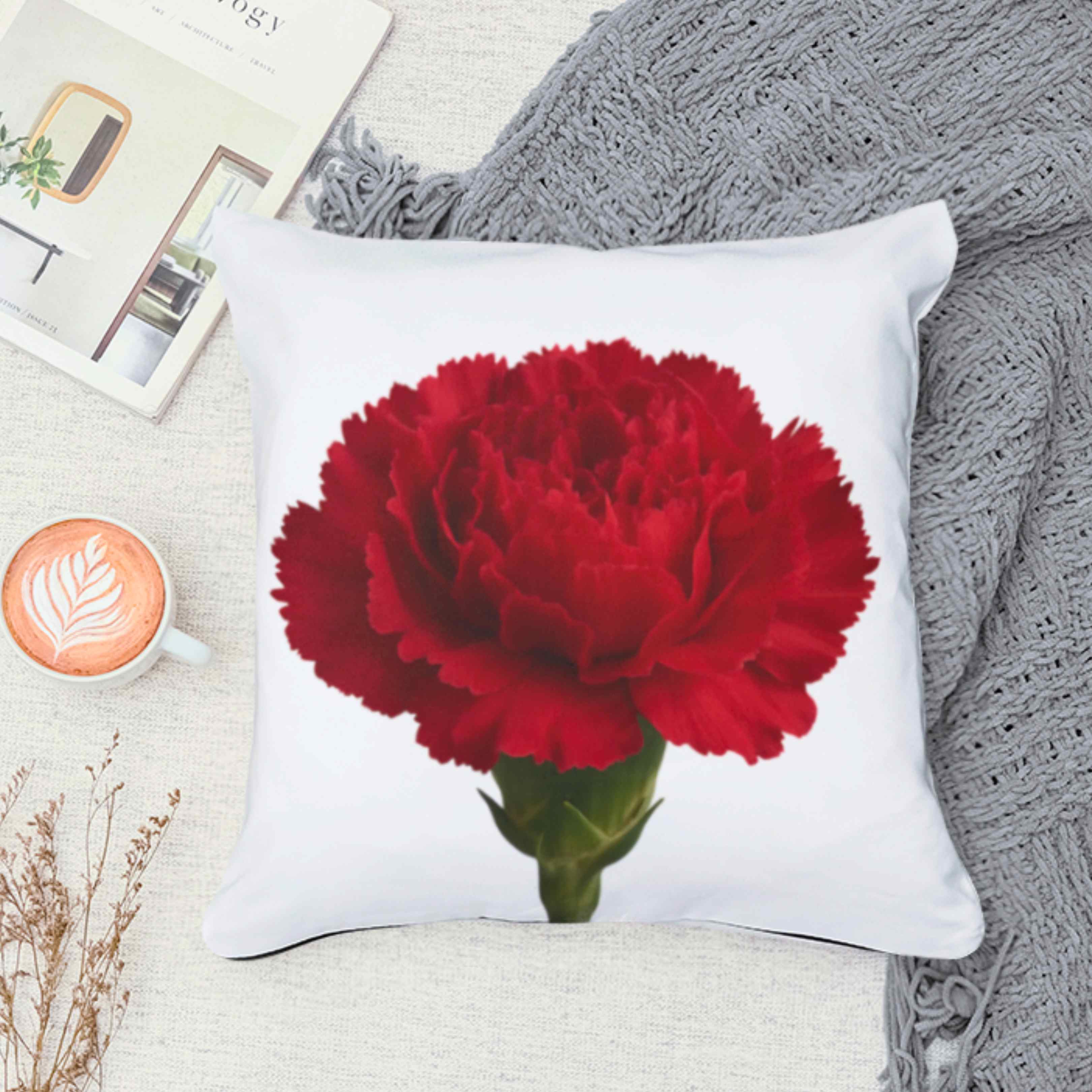 Red Carnation Cushion for Home Decor, Elegant Flower Print Pillow - Gift for Her, Mother's Day, Anniversary, Floral Throw Pillow product thumbnail image