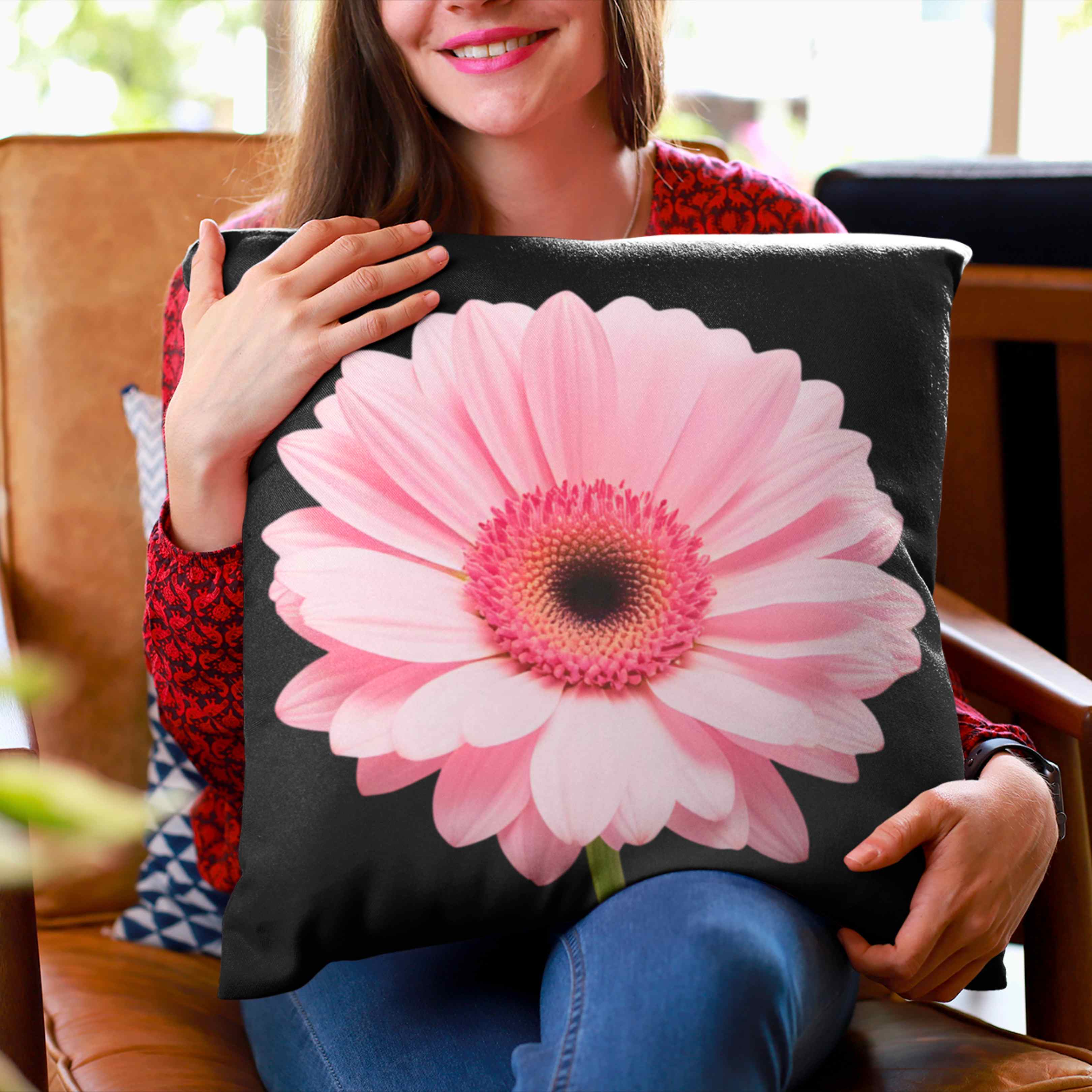 Pink Gerbera Daisy Square Pillow | Floral Accent Cushion for Home Decor, Gift for Her, Spring Decor, Flower Lover's Decorative Pillow product thumbnail image