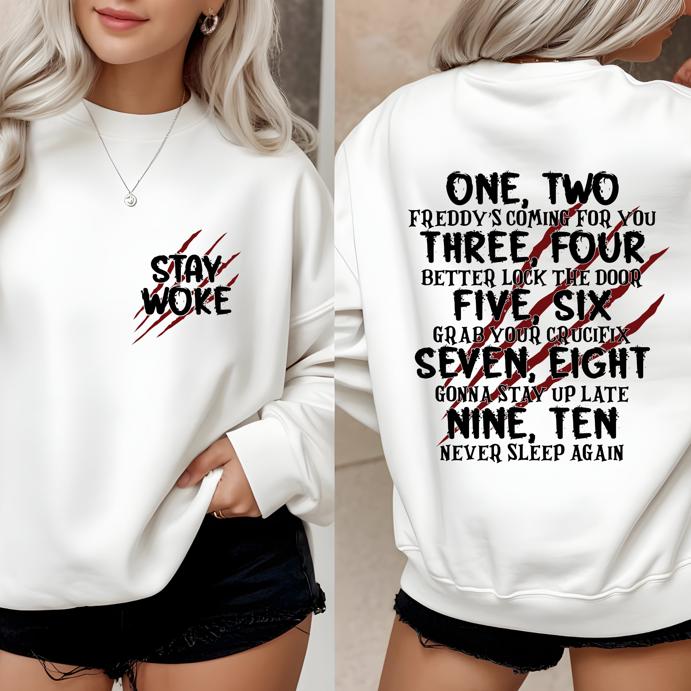 Stay Woke Halloween Crewneck Sweatshirt | Cozy Unisex Apparel for Spooky Season, Gift for Horror Lovers, Trendy Fall Fashion