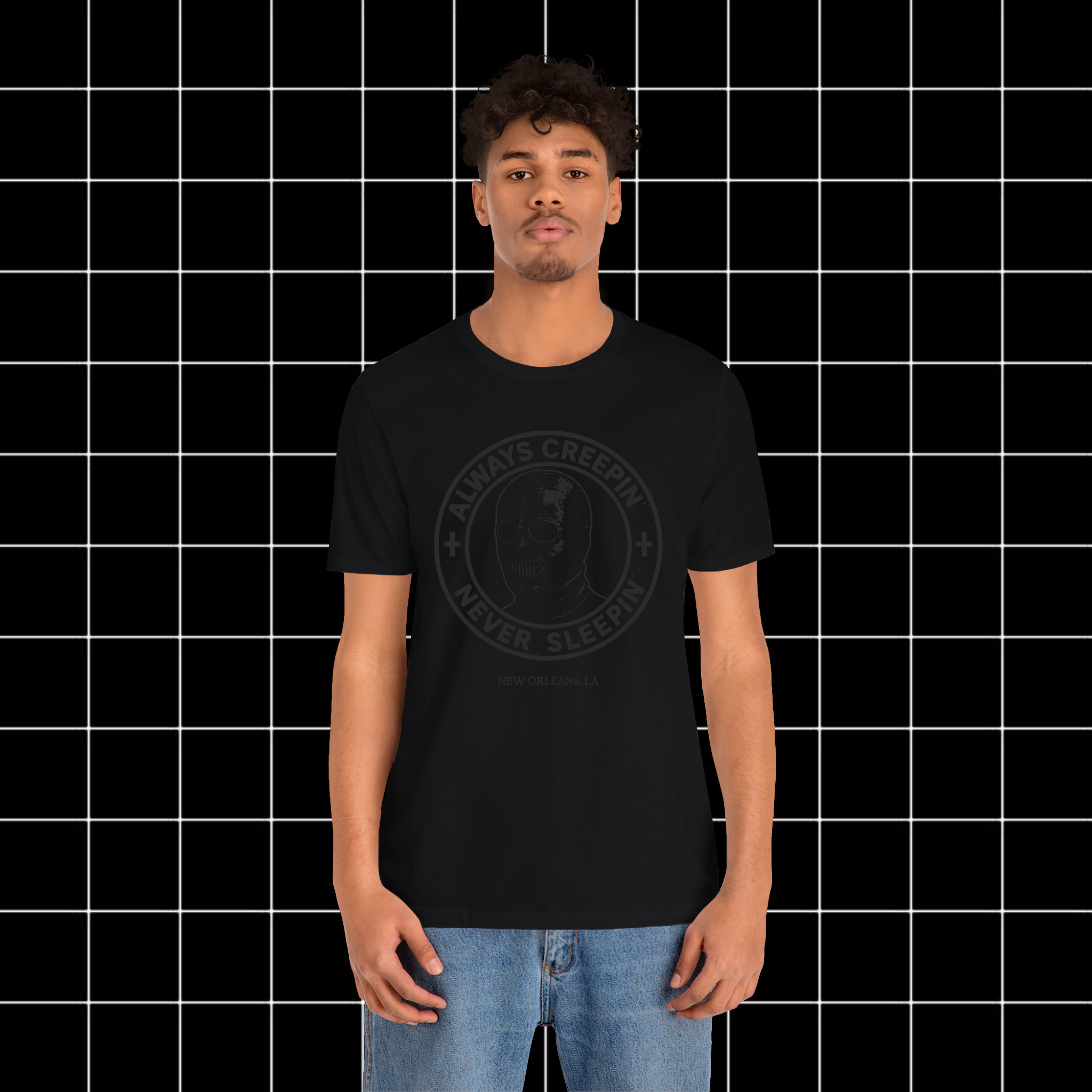 BLK ON BLK ALWAYS CREEPIN'  NEVER SLEEPIN' Tee [Unisex] New Orleans Tourist Shirt, Fetish Fashion, Late Night Apparel product thumbnail image