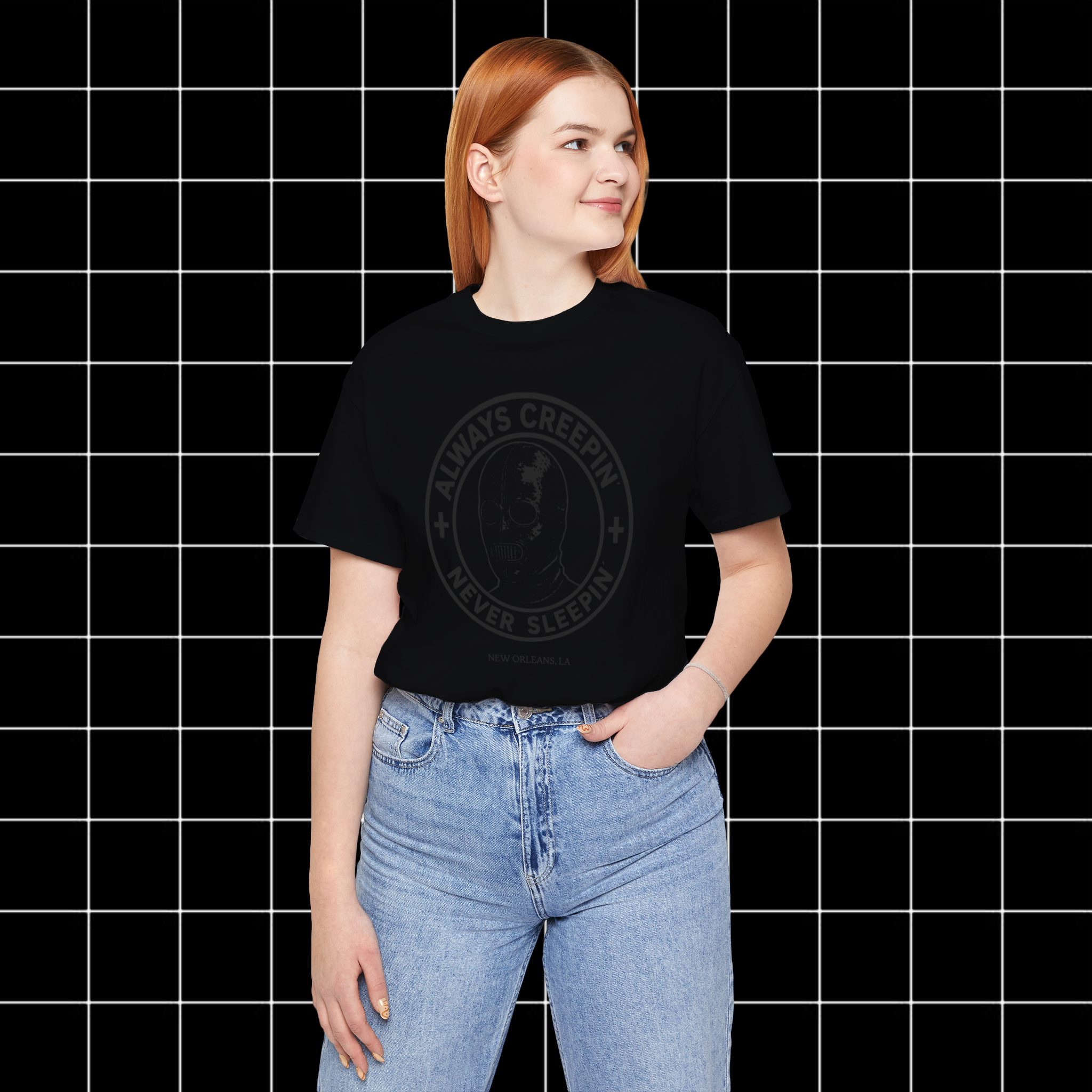 BLK ON BLK ALWAYS CREEPIN'  NEVER SLEEPIN' Tee [Unisex] New Orleans Tourist Shirt, Fetish Fashion, Late Night Apparel product thumbnail image