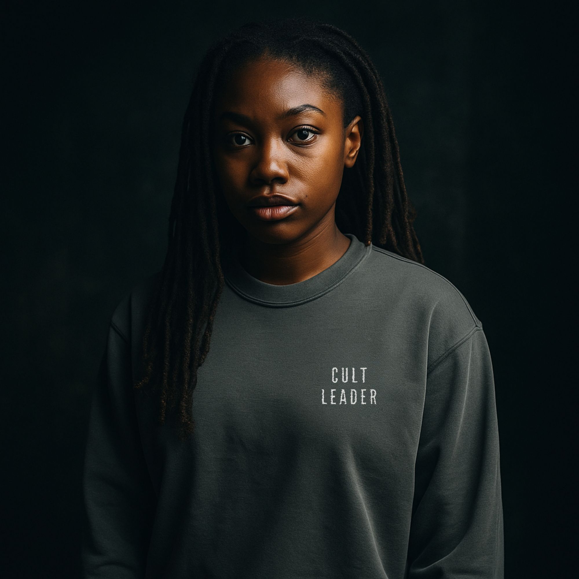 CULT LEADER Sweatshirt – Comfort Colors Pepper Crewneck – Embroidered Gothic Pullover