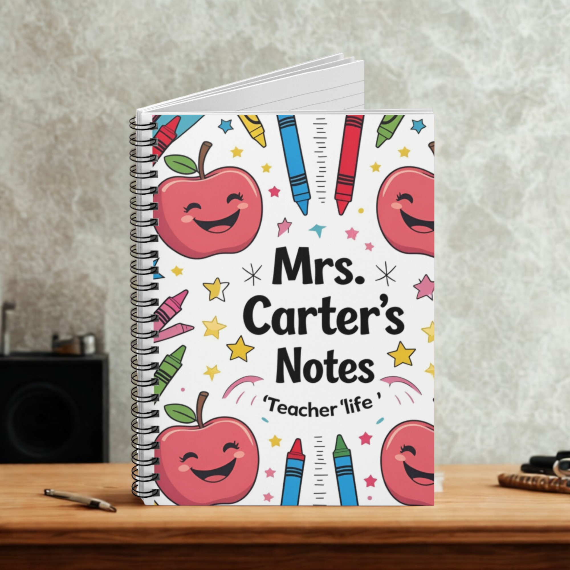 Personalizable Teacher Spiral Notebook Mrs Carters Notes Cute Apple And Crayon Design Teacher Life Journal Custom Name Gift for Educators product thumbnail image