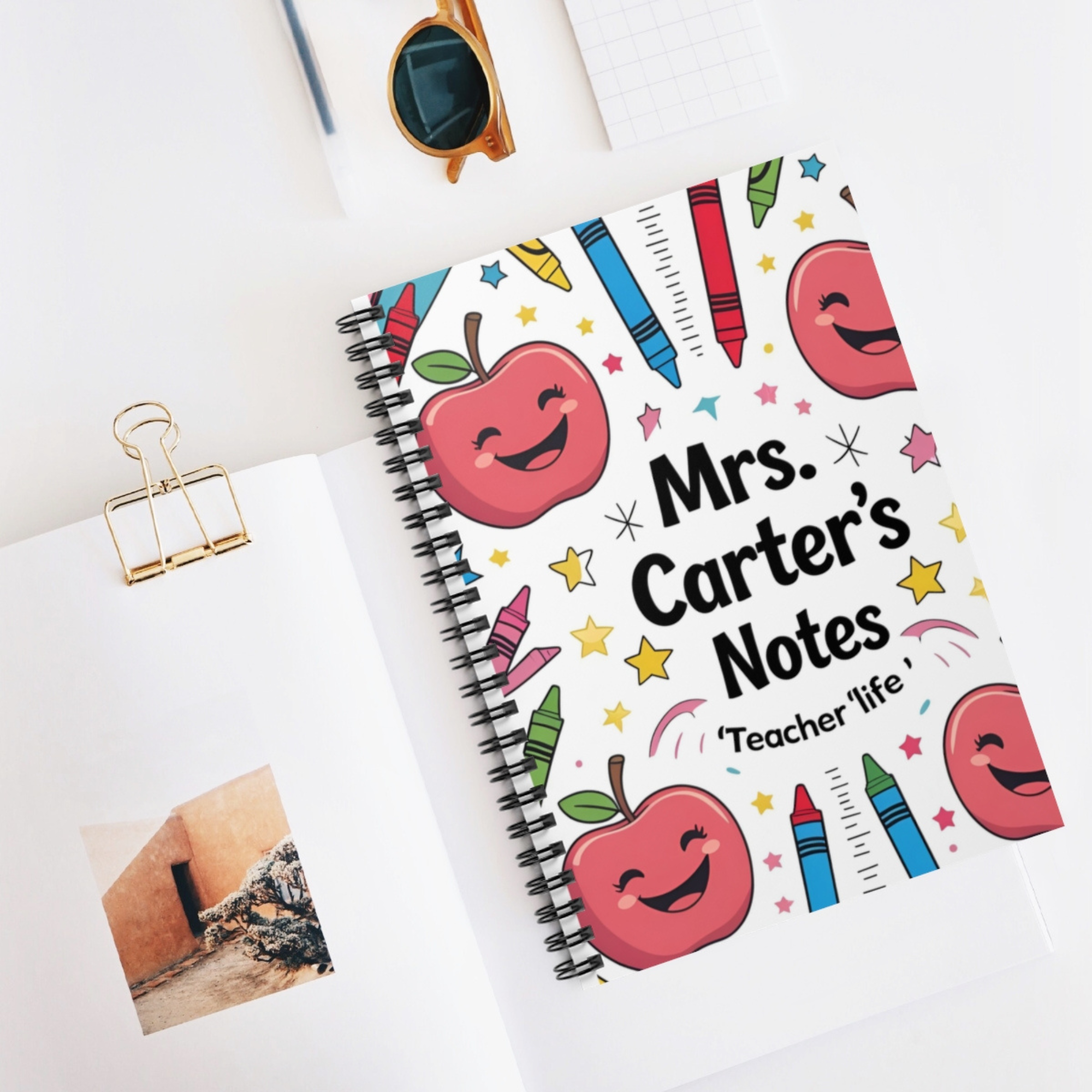Personalizable Teacher Spiral Notebook Mrs Carters Notes Cute Apple And Crayon Design Teacher Life Journal Custom Name Gift for Educators product thumbnail image