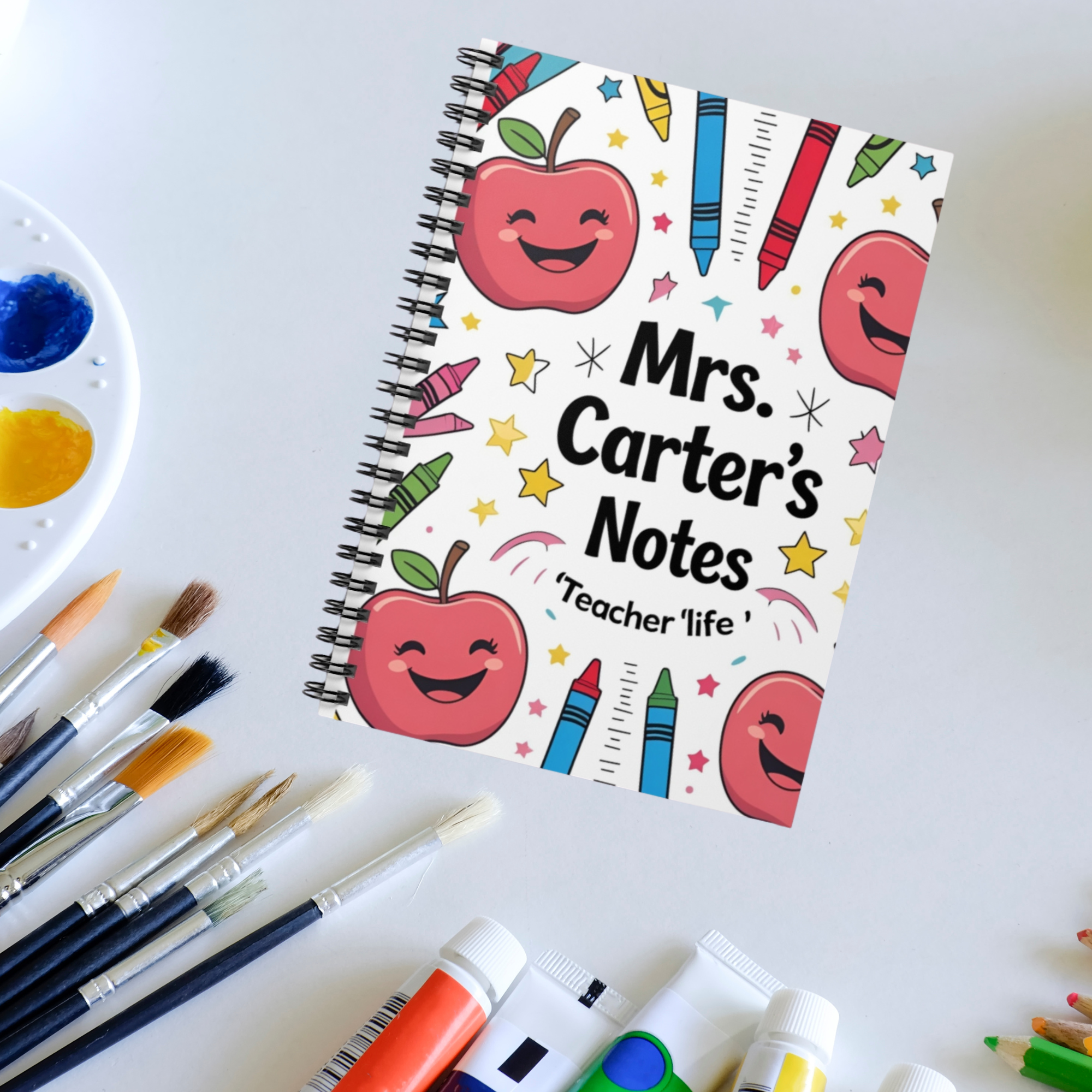 Personalizable Teacher Spiral Notebook Mrs Carters Notes Cute Apple And Crayon Design Teacher Life Journal Custom Name Gift for Educators product thumbnail image