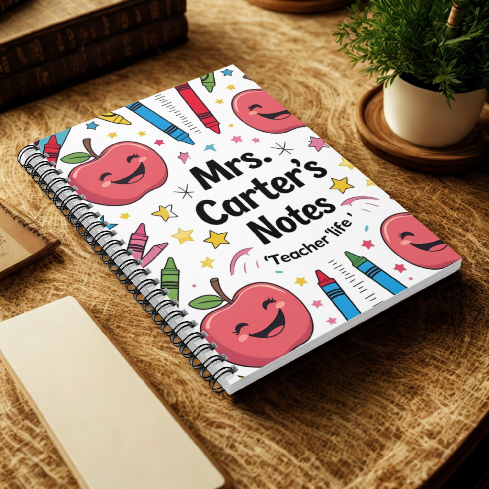 Personalizable Teacher Spiral Notebook Mrs Carters Notes Cute Apple And Crayon Design Teacher Life Journal Custom Name Gift for Educators product thumbnail image