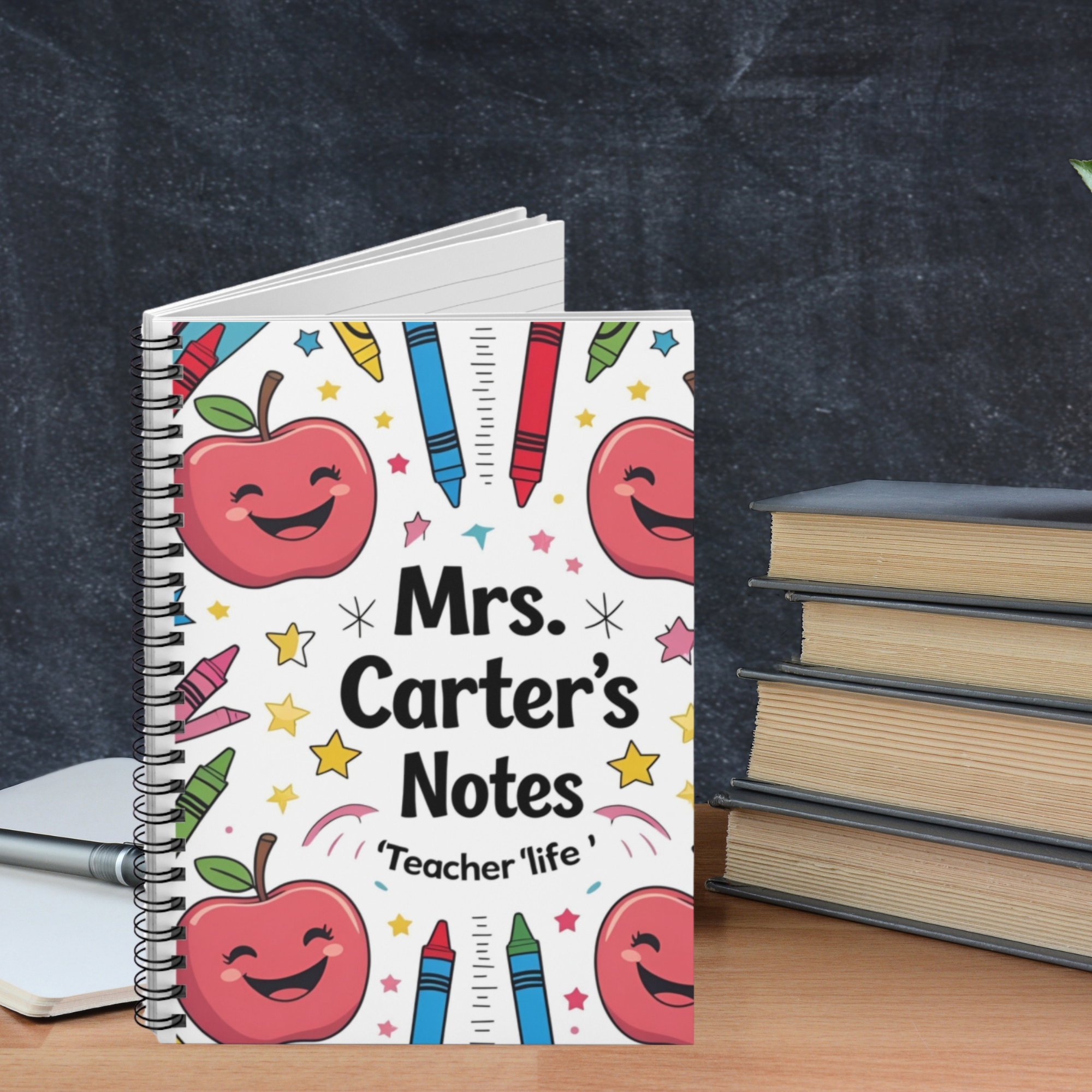 Personalizable Teacher Spiral Notebook Mrs Carters Notes Cute Apple And Crayon Design Teacher Life Journal Custom Name Gift for Educators