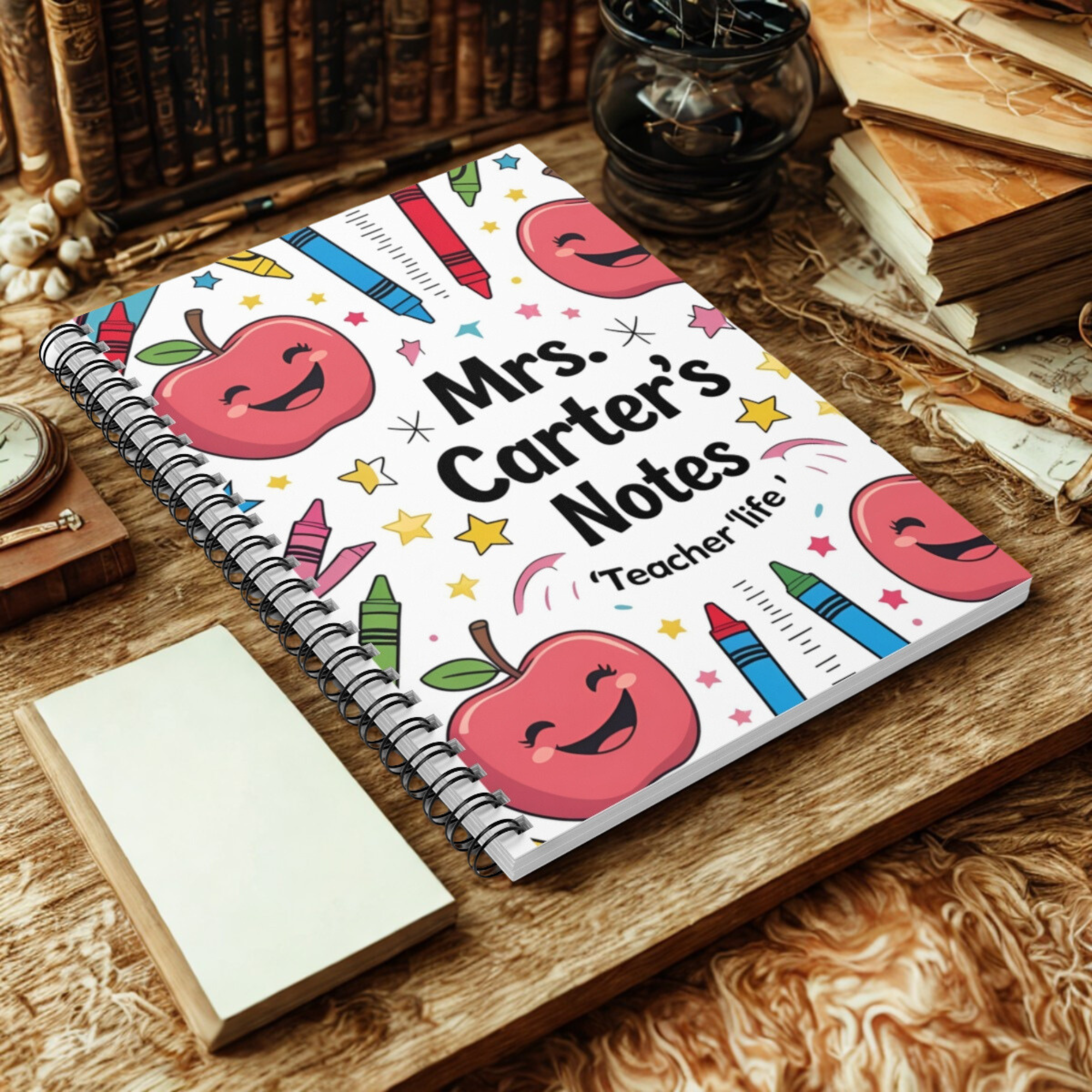 Personalizable Teacher Spiral Notebook Mrs Carters Notes Cute Apple And Crayon Design Teacher Life Journal Custom Name Gift for Educators product thumbnail image