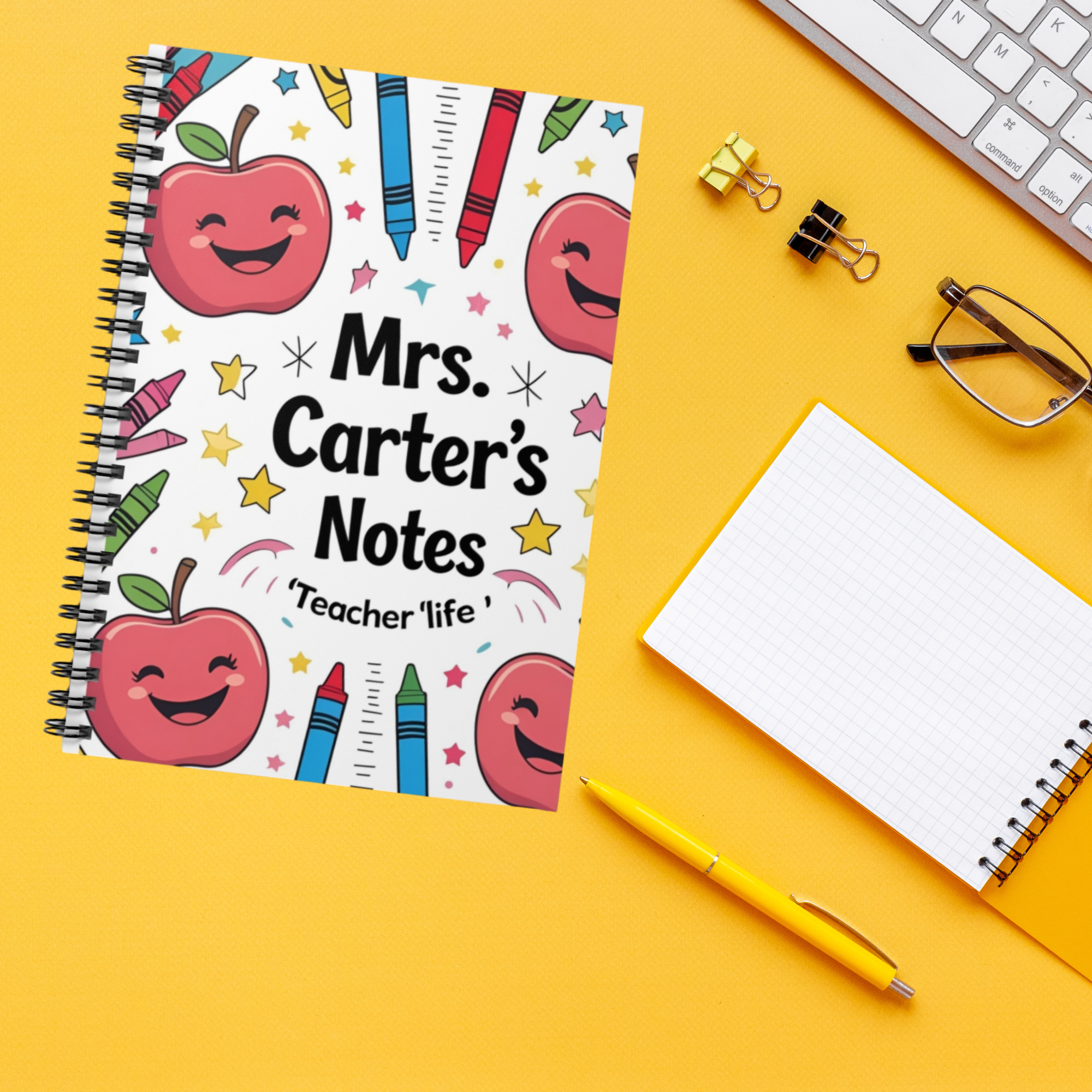 Personalizable Teacher Spiral Notebook Mrs Carters Notes Cute Apple And Crayon Design Teacher Life Journal Custom Name Gift for Educators product thumbnail image