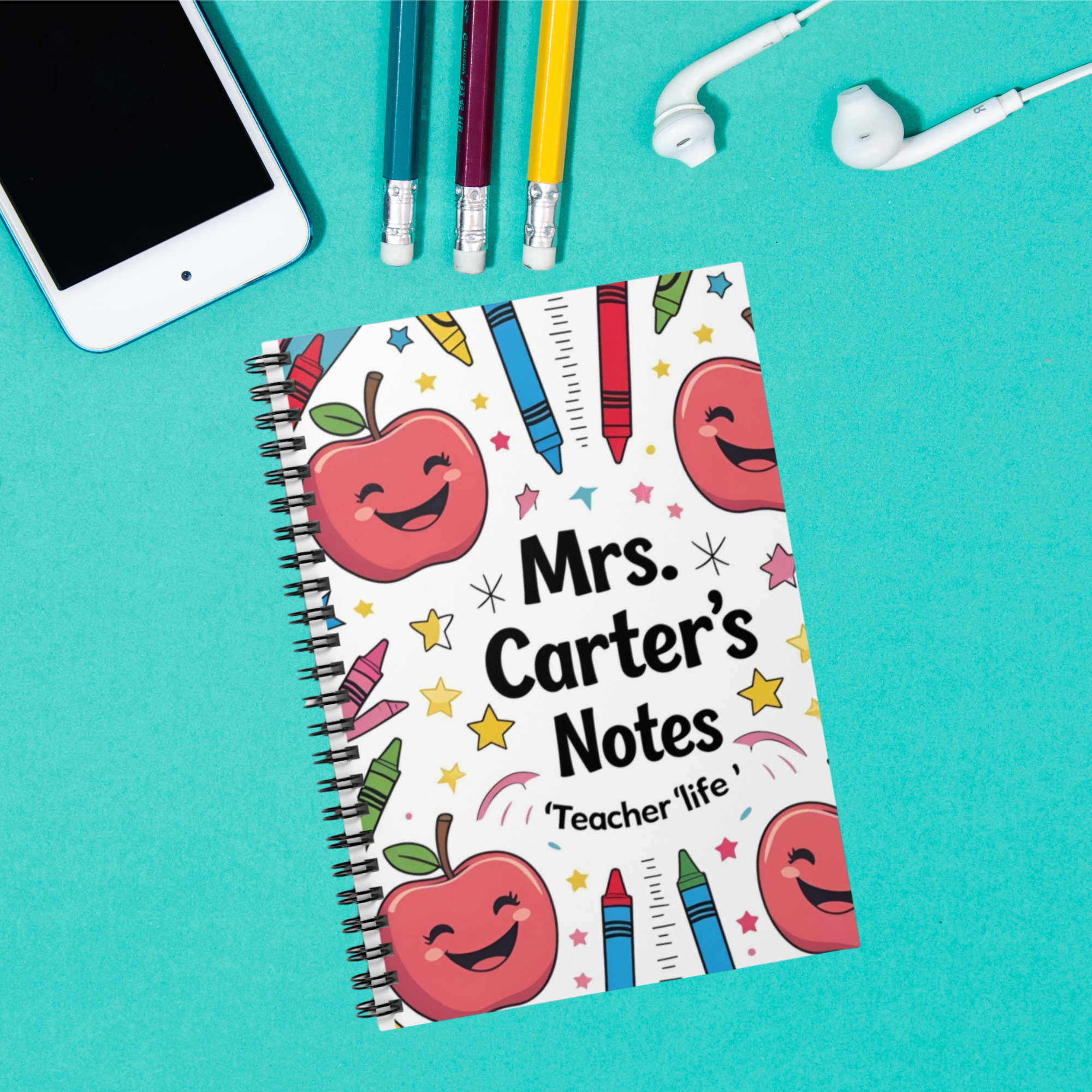 Personalizable Teacher Spiral Notebook Mrs Carters Notes Cute Apple And Crayon Design Teacher Life Journal Custom Name Gift for Educators product thumbnail image