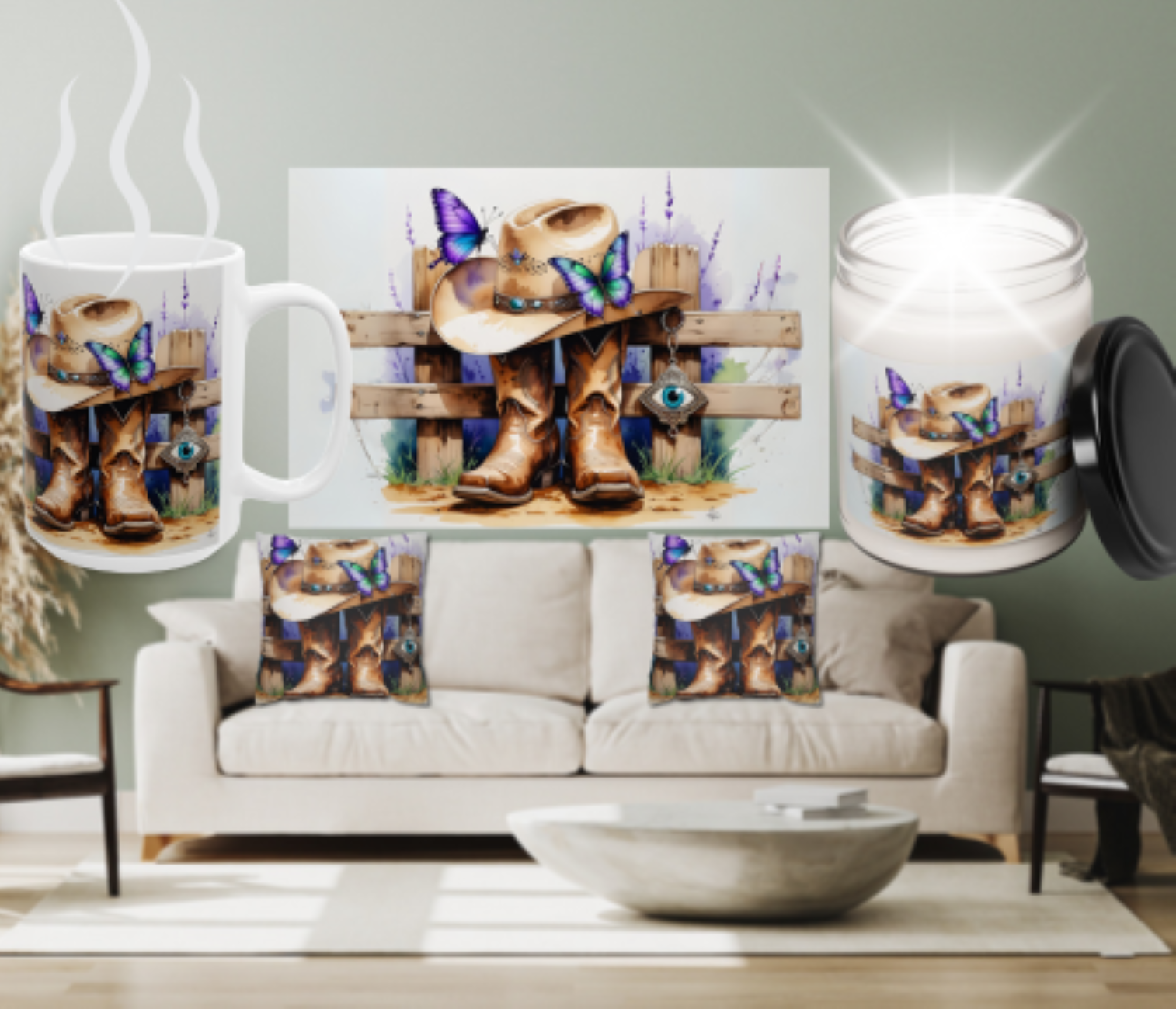 Rustic Western Canvas Art, Cowboy Hat and Boots Decor, Farmhouse Wall Art, Country Home Decoration, Gift for Cowgirl, Satin Stretched Wall Décor by CarmaQuanTarot product thumbnail image Rustic Western Canvas Art, Cowboy Hat and Boots Decor, Farmhouse Wall Art, Country Home Decoration, Gift for Cowgirl, Satin Stretched Wall Décor by CarmaQuanTarot product thumbnail image