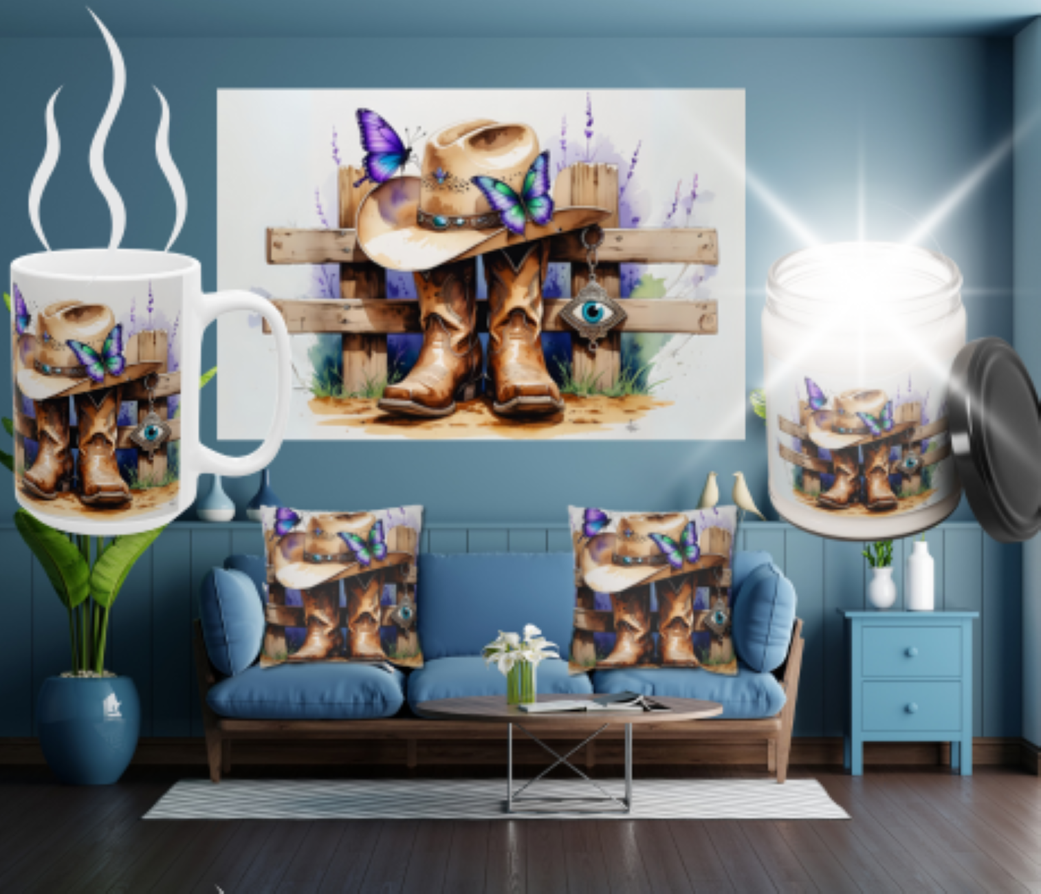 Rustic Western Canvas Art, Cowboy Hat and Boots Decor, Farmhouse Wall Art, Country Home Decoration, Gift for Cowgirl, Satin Stretched Wall Décor by CarmaQuanTarot product thumbnail image