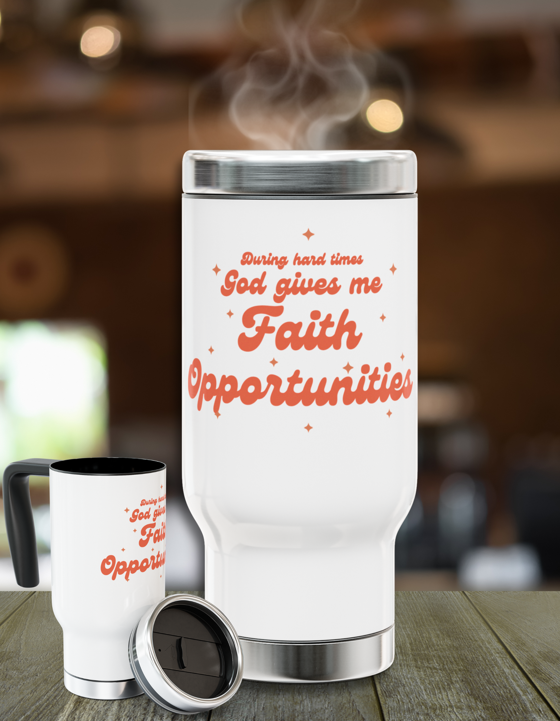 Stainless Steel Travel Mug with Handle, 14oz - Faith Inspired Tumbler, Bible Mug, Christian religious gift