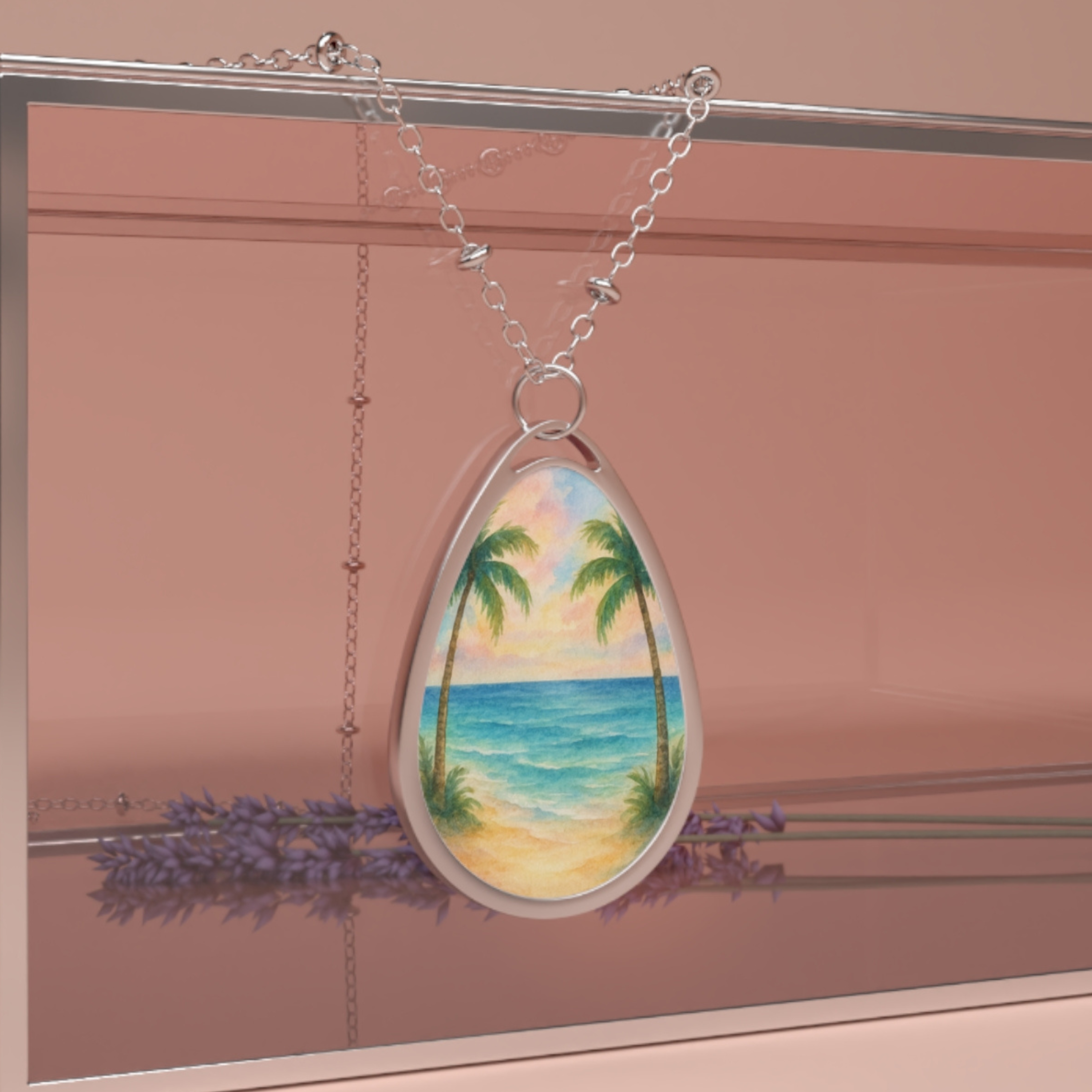 Ocean Whispers Watercolor Oval Necklace