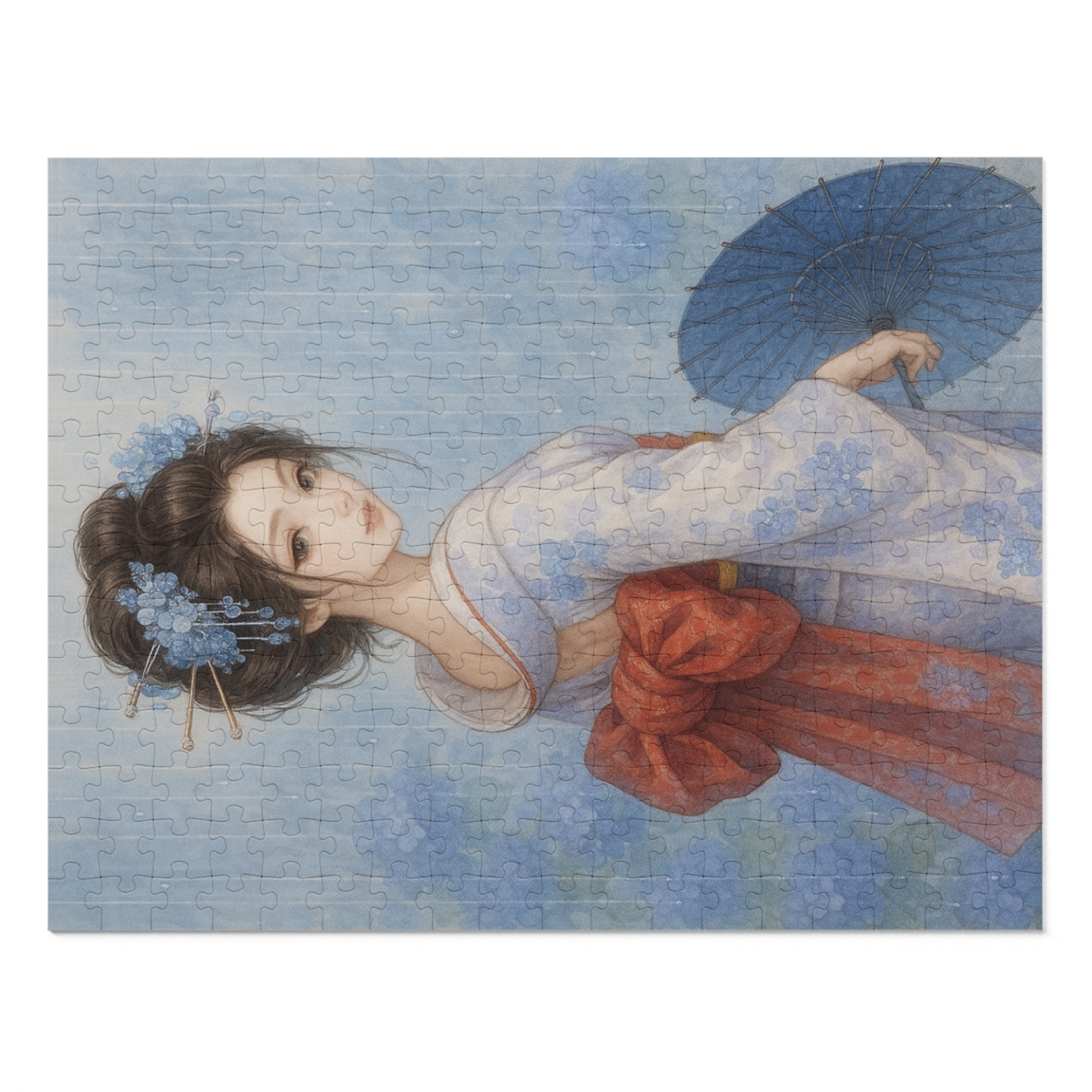 Kimono Beauty Puzzle – Blue Serenity with a Japanese Paper Umbrella (252 / 500 / 1000 Pieces)