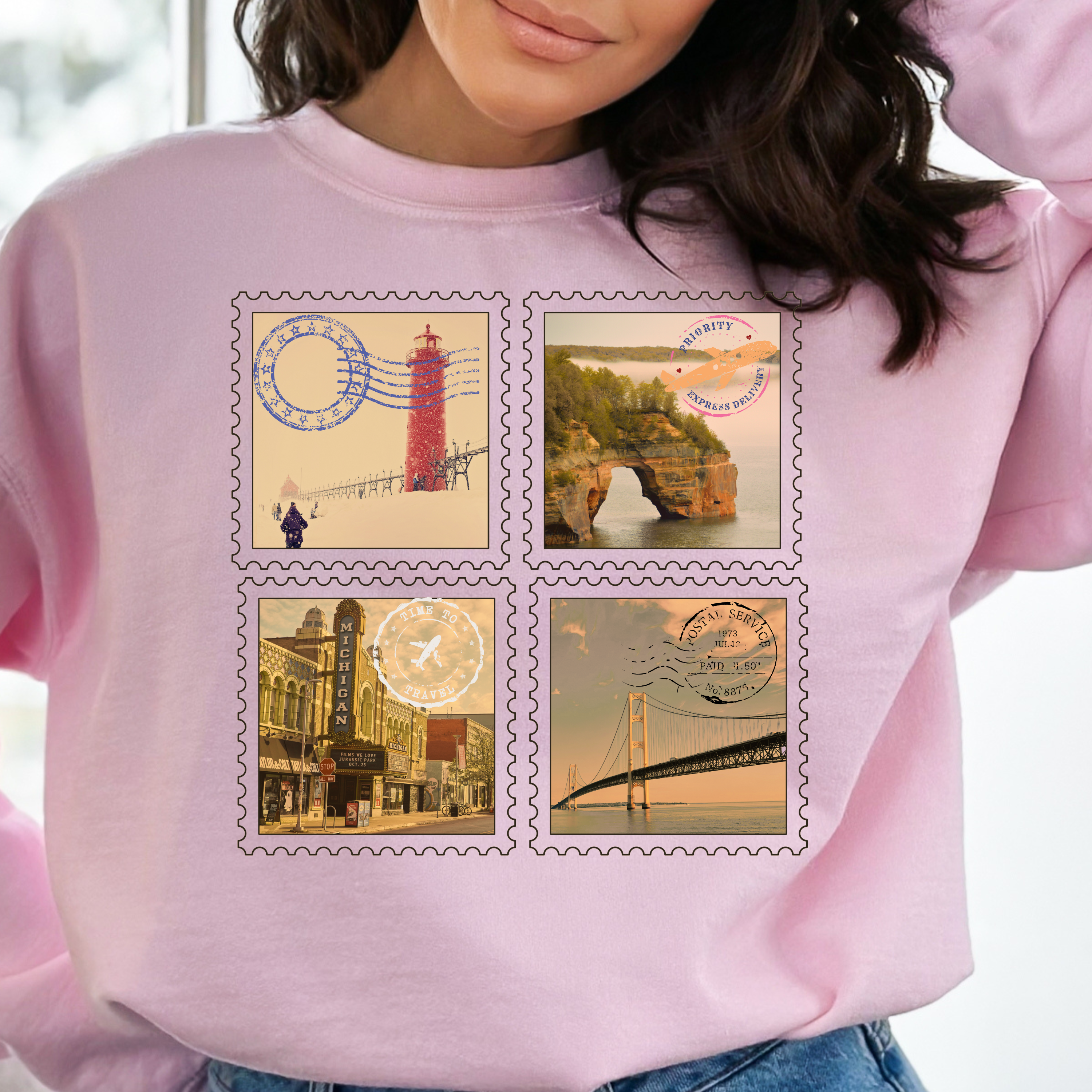 Michigan Stamp Vintage Travel Art Crewneck Sweatshirt, Cozy Gift for Travelers, Unisex Comfy Pullover, Fall Fashion, Scenic Views Sweatshirt product thumbnail image